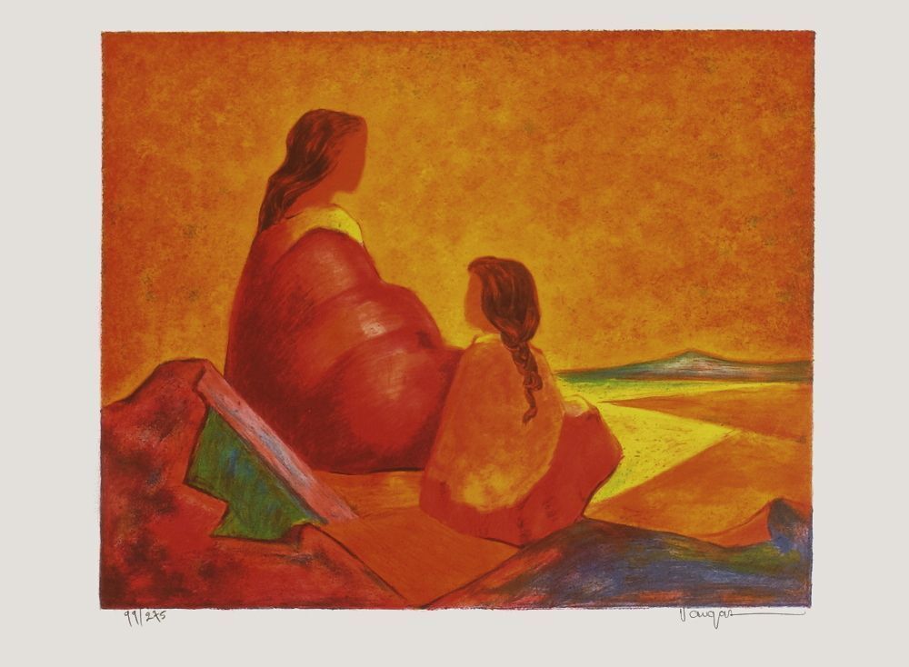 Lithographie signée Mario Vargas, Famille indienne, 1985