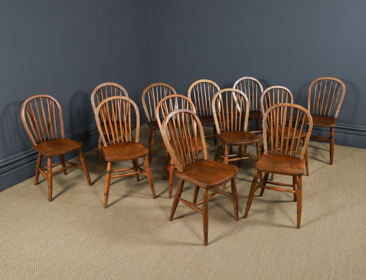 Set Of Twelve Ash & Elm Windsor Hoop & Stick Back Kitchen Chairs (Circa 1910) photo for sale