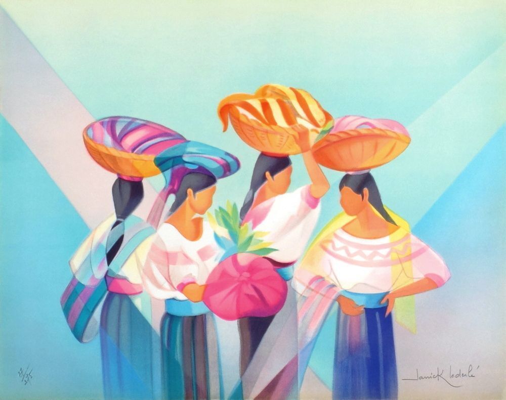 Lithographie signée Janick Lederle, Femmes du Guatemala, 1990