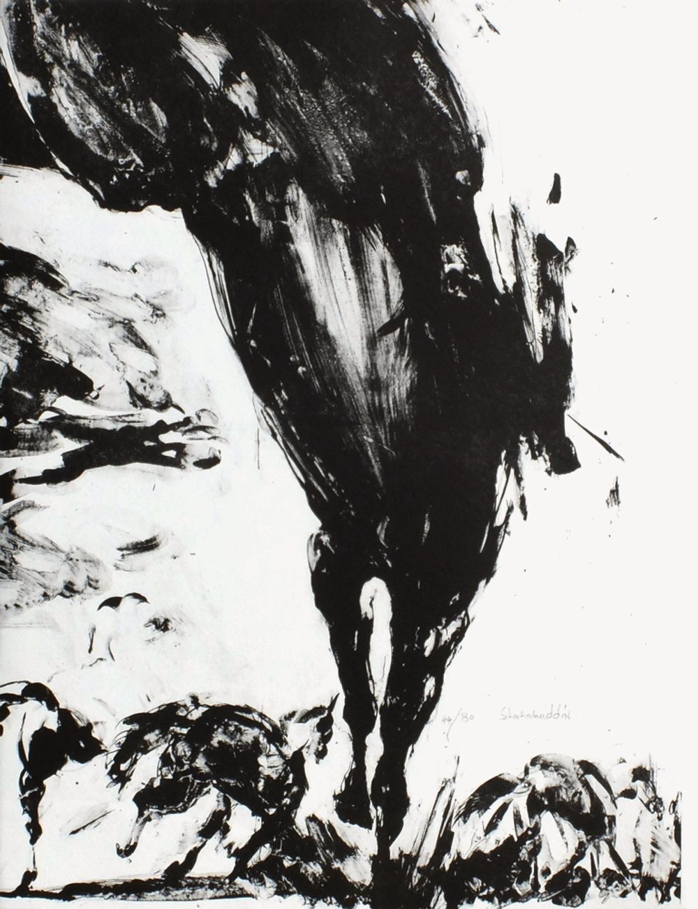 Lithographie signée Ahmed Shahabuddin, Chevaux en liberté, 2009