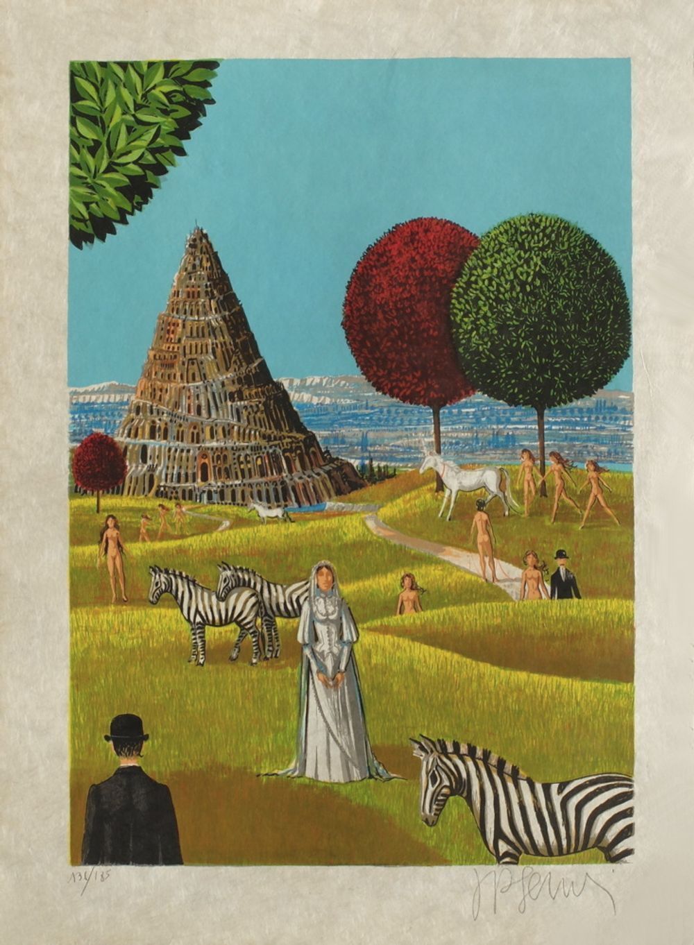 Lithographie signée de Jean Pierre Serrier, La Mariée De Babel