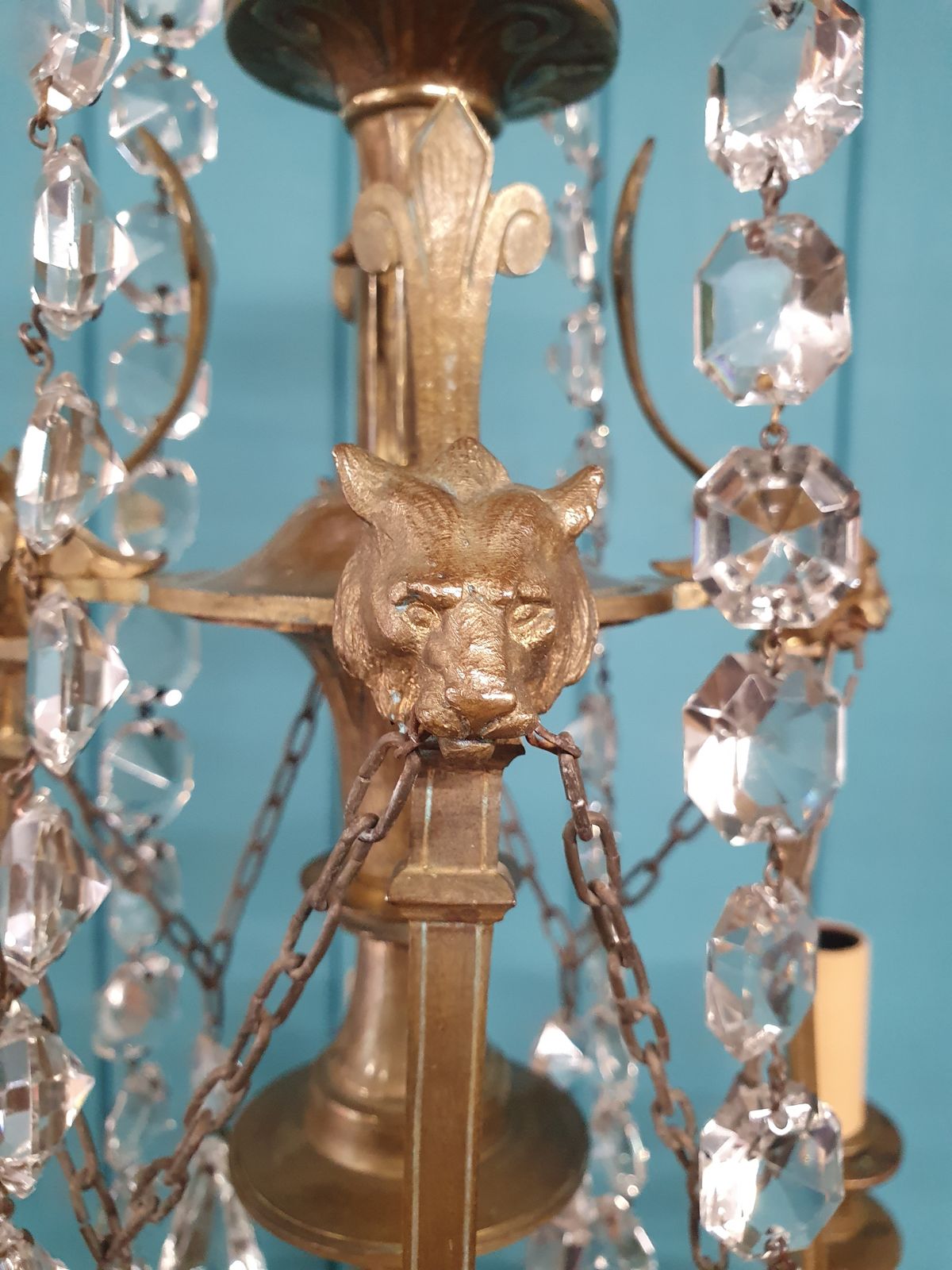Circa 1900 Eight Arm Brass & Cut Glass Crystal Chandelier With Lion Masks 21" photo for sale