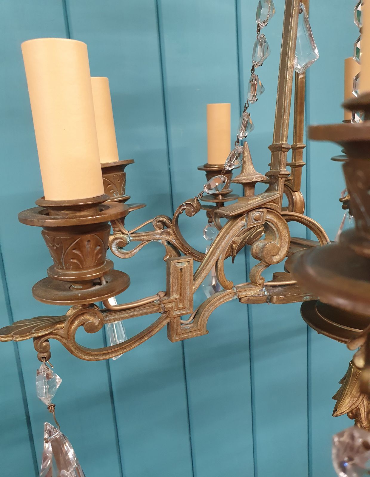 Circa 1900 Eight Arm Brass & Cut Glass Crystal Chandelier With Lion Masks 21" photo 1440.0