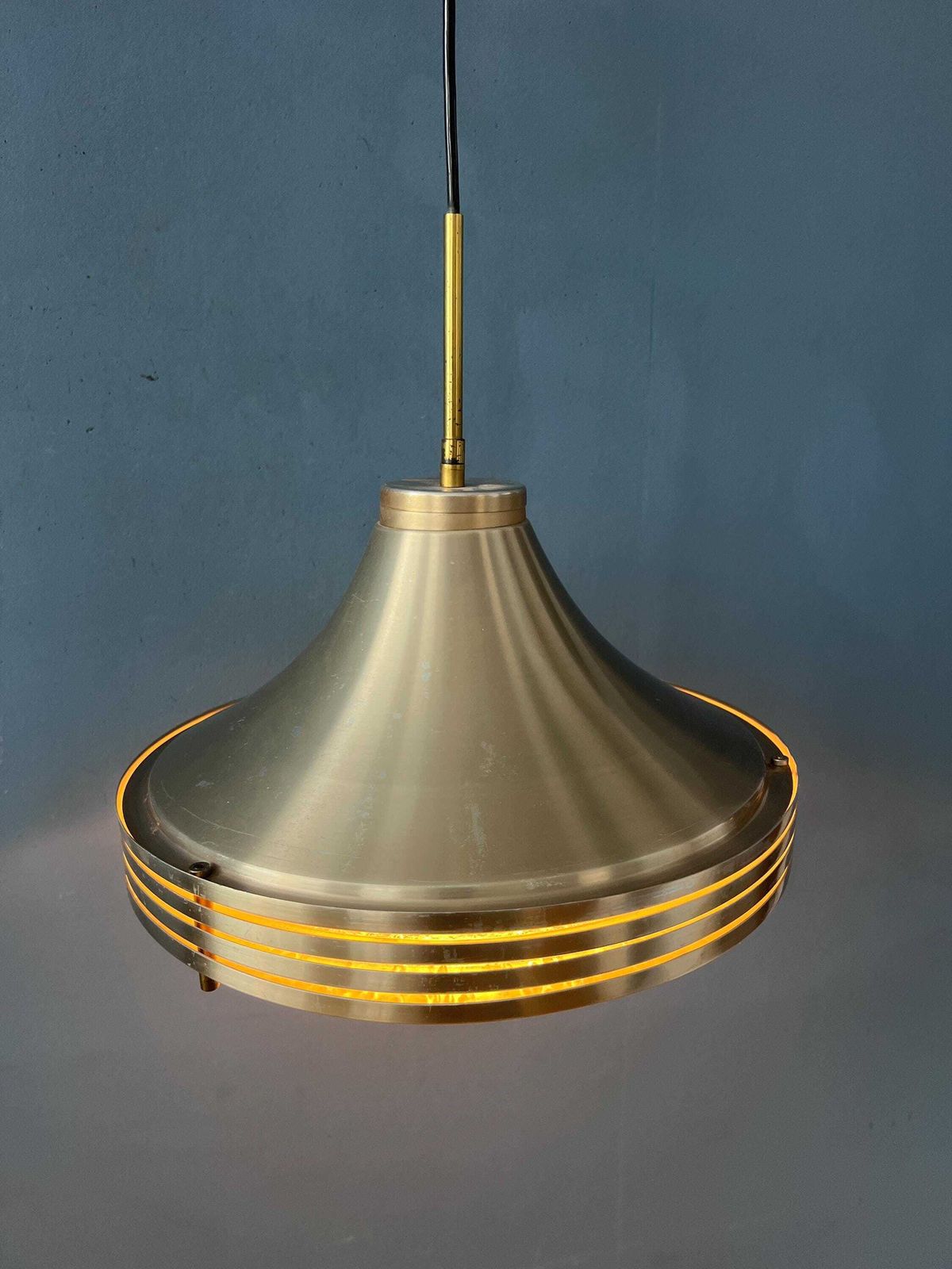 Mid Century Brushed Aluminium Crystal Glass Pendant Light photo for sale