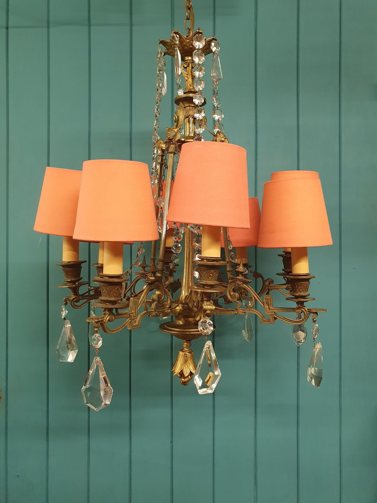 photo for sale Circa 1900 Eight Arm Brass & Cut Glass Crystal Chandelier With Lion Masks 21"