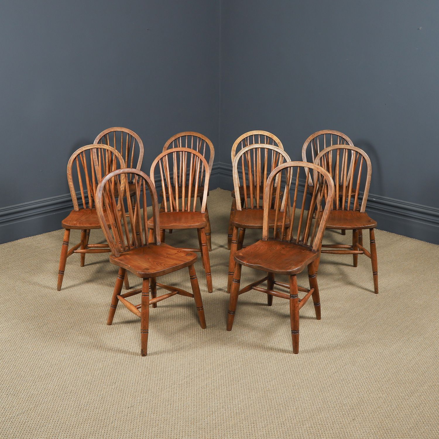Set Of 10 Ash & Elm Windsor Hoop & Stick Back Dining Chairs (Circa 1910) photo furniture