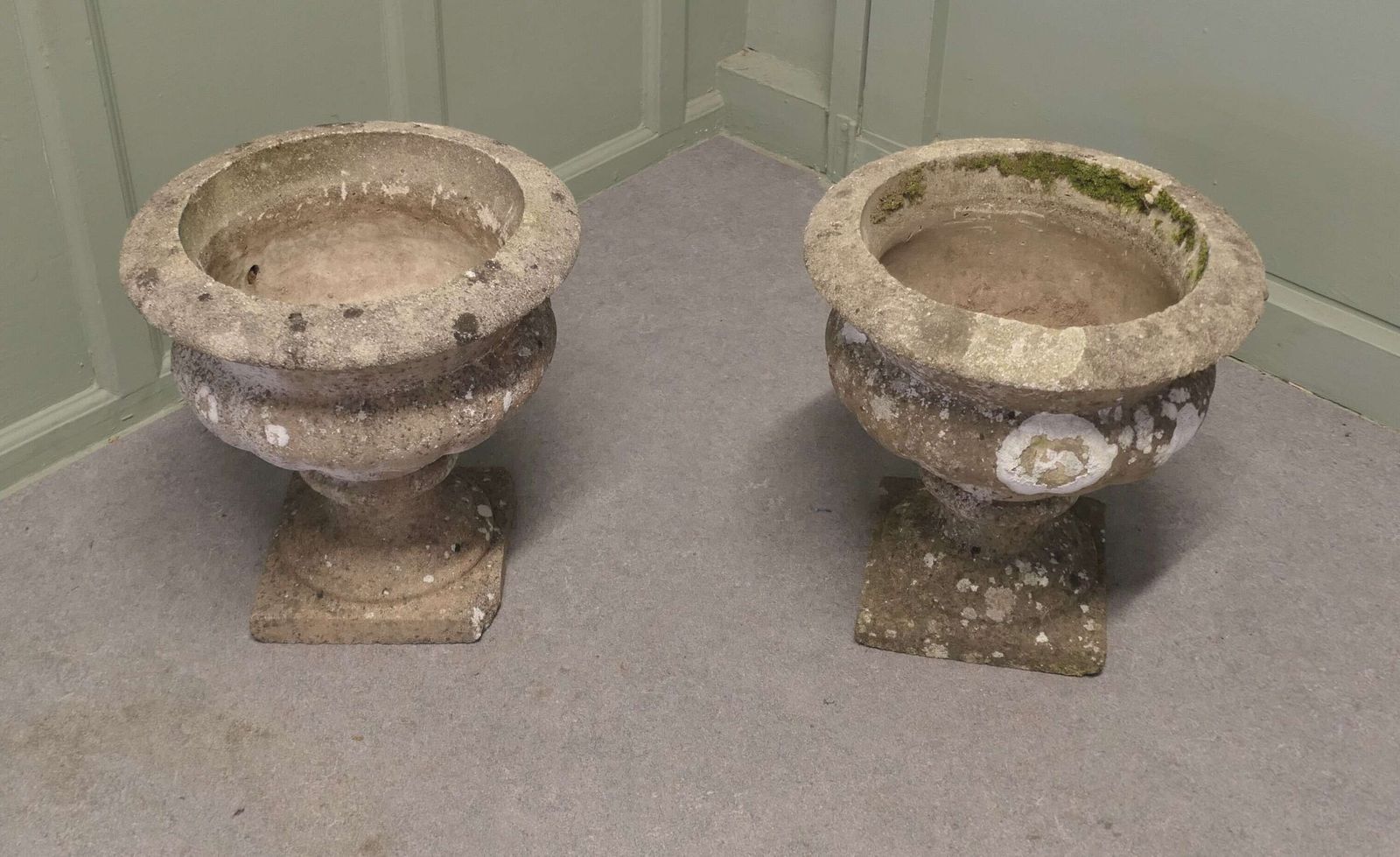 Pair Of Mid 20th Century Weathered Cast Stone Garden Planters A Good Pair Of 20th Century photo vinterior