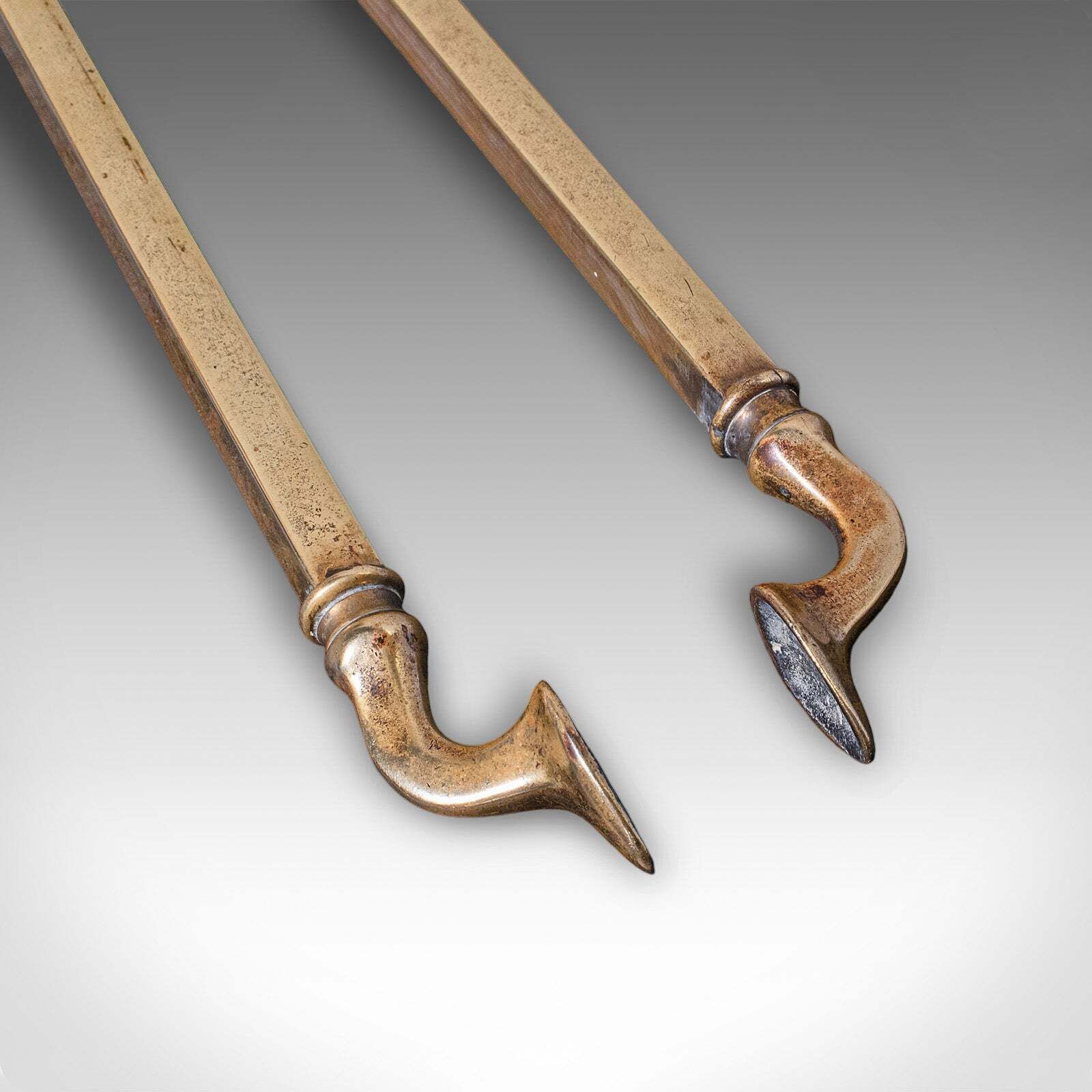 Home Fixtures Trio Of Antique Fireside Tools, English, Brass, Poker, Tongs, Shovel, Victorian photo