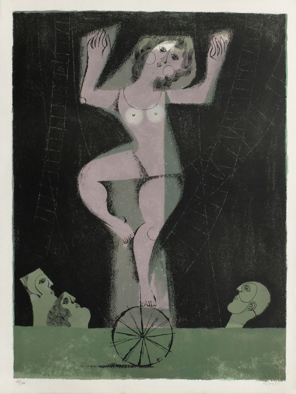 Lithographie signée Samy Briss, Les Saltimbanques, La Roue, 1977