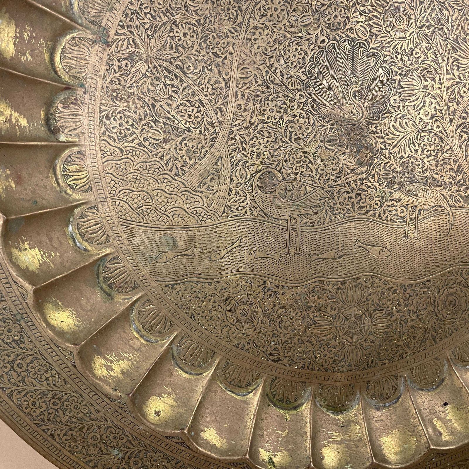Indian Metal Gold Patterned Brass Tray 58cm Plate Asian Handmade Etched Intricate Decorative Patterned Wall Art Round Vintage Antique photo for sale