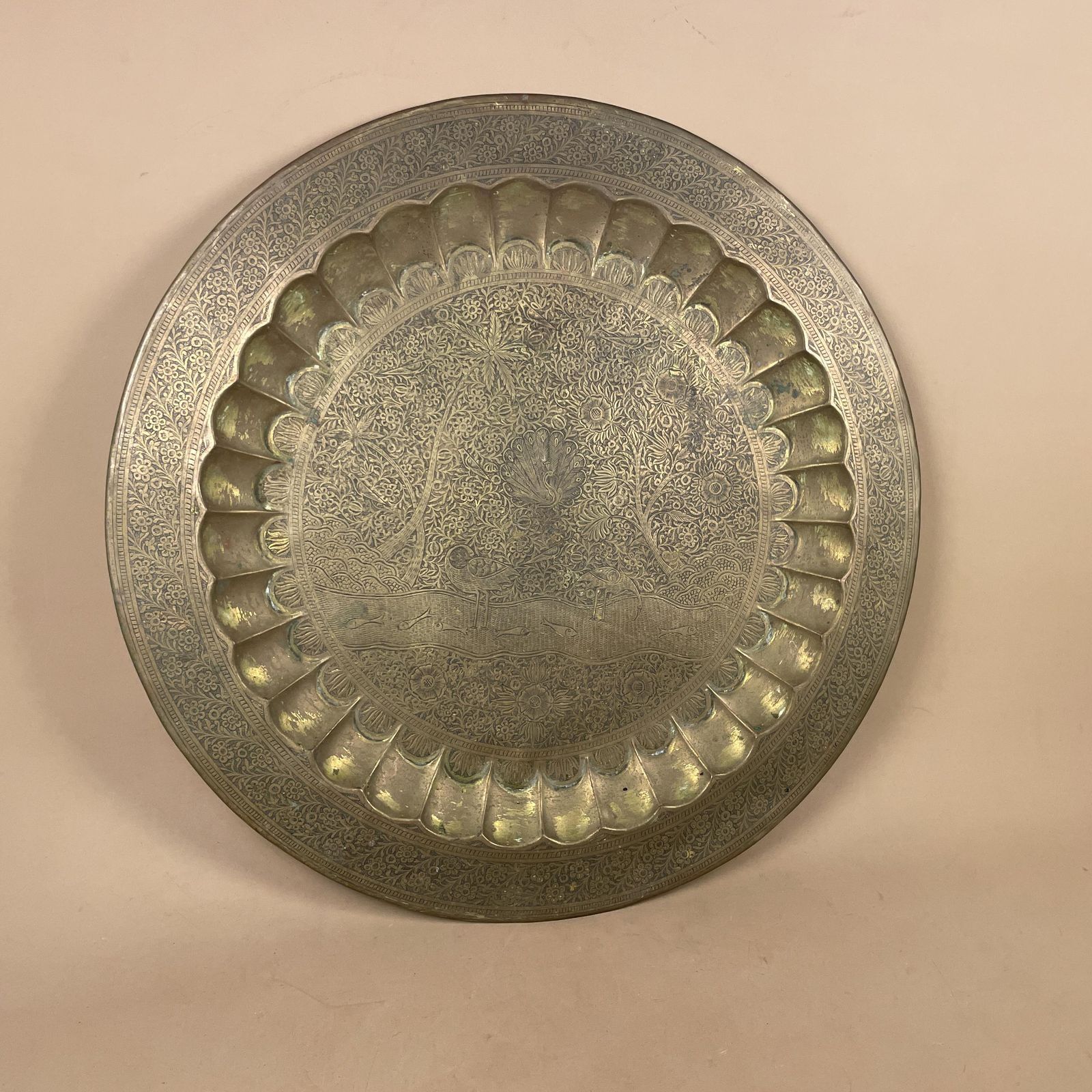 Indian Metal Gold Patterned Brass Tray 58cm Plate Asian Handmade Etched Intricate Decorative Patterned Wall Art Round Vintage Antique photo Home Decor