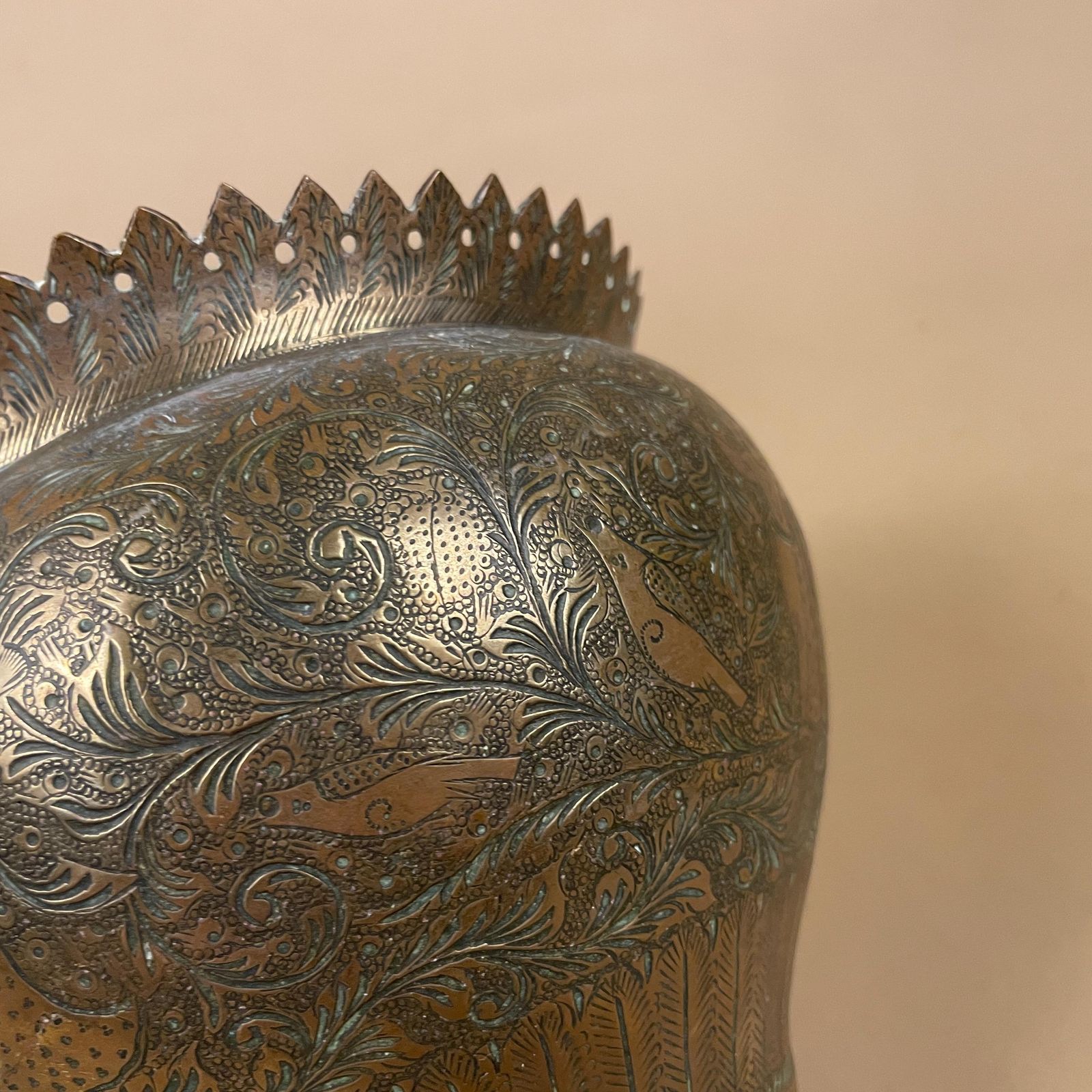 Home Decor Antique Metal Gold Indian Patterned Brass Plant Pot Planter Jardiniere Asian Handmade Engraved Etched Intricate Vintage Urn Decorative India photo