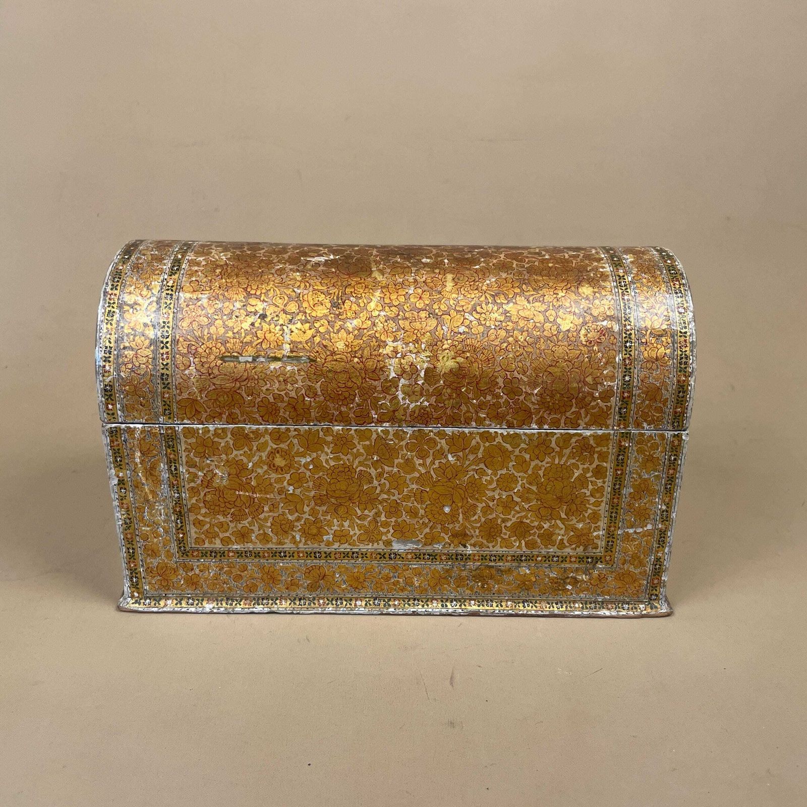 Kashmiri Paper Mache Domed Box Hand Painted Floral Lidded Keepsake Trinket Vintage Indian Antique Gold Patterned Antique Display Slots photo for sale