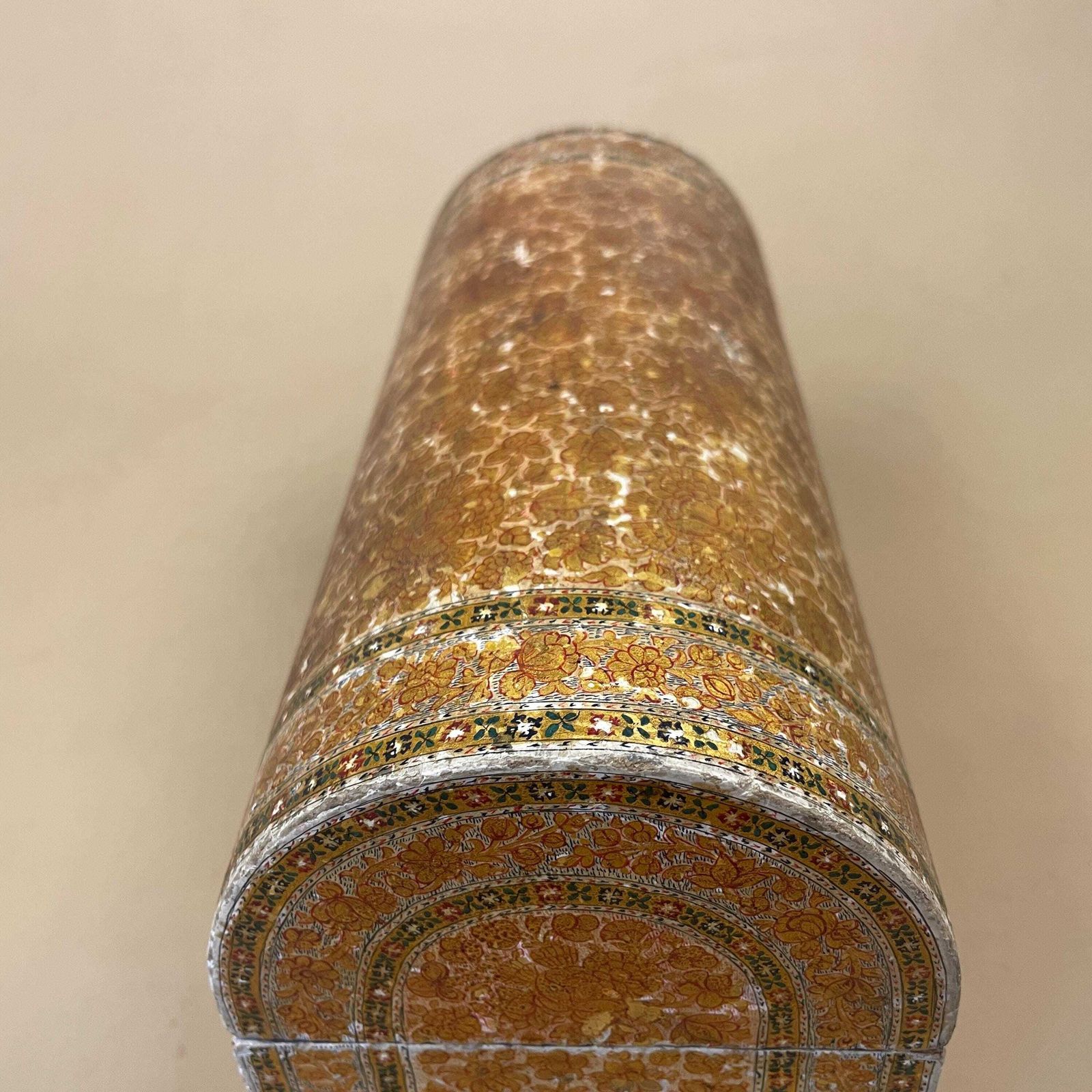 Kashmiri Paper Mache Domed Box Hand Painted Floral Lidded Keepsake Trinket Vintage Indian Antique Gold Patterned Antique Display Slots photo buy