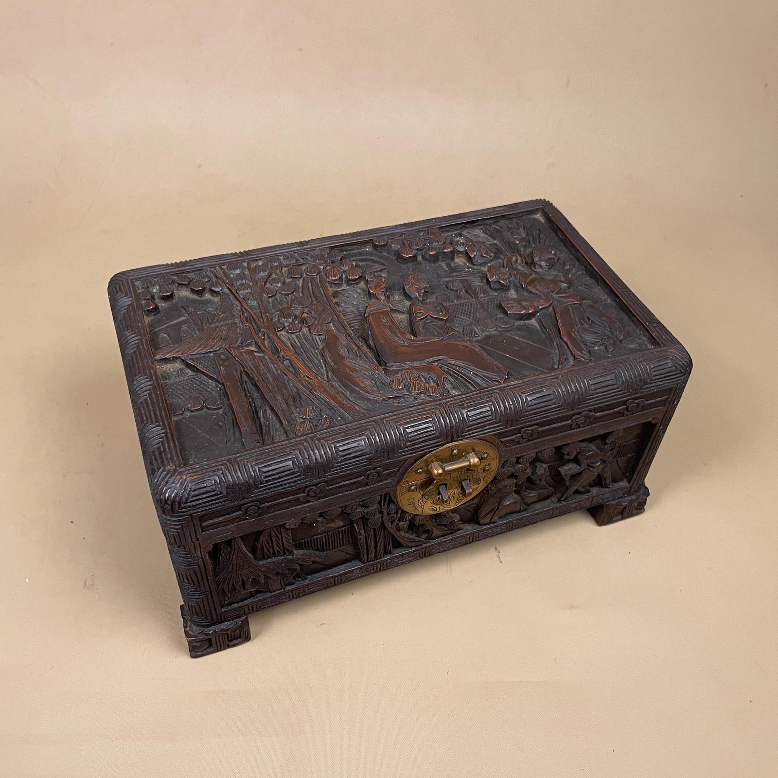 Oriental Wooden Box Trinket Jewellery Storage Keepsake Brown Wood Gold Brass Lock And Key Metal Trims Rectangle Antique Carved Pattern photo vintage