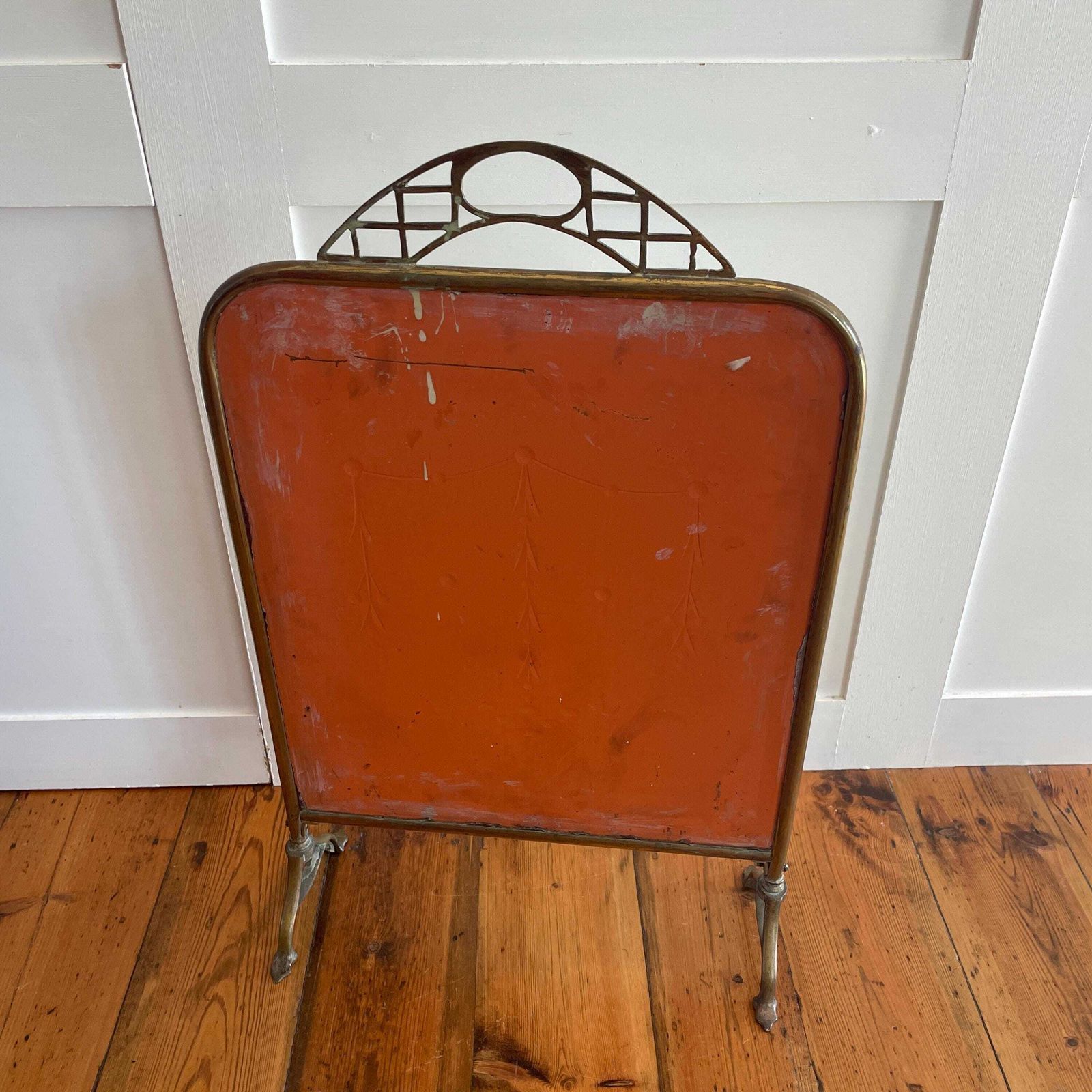 photo for sale Art Nouveau Antique Fireguard Fireplace Screen Gold Brass Metal Frame Vintage Fire Guard Mirror Victorian Ornate Freestanding Detail Pattern