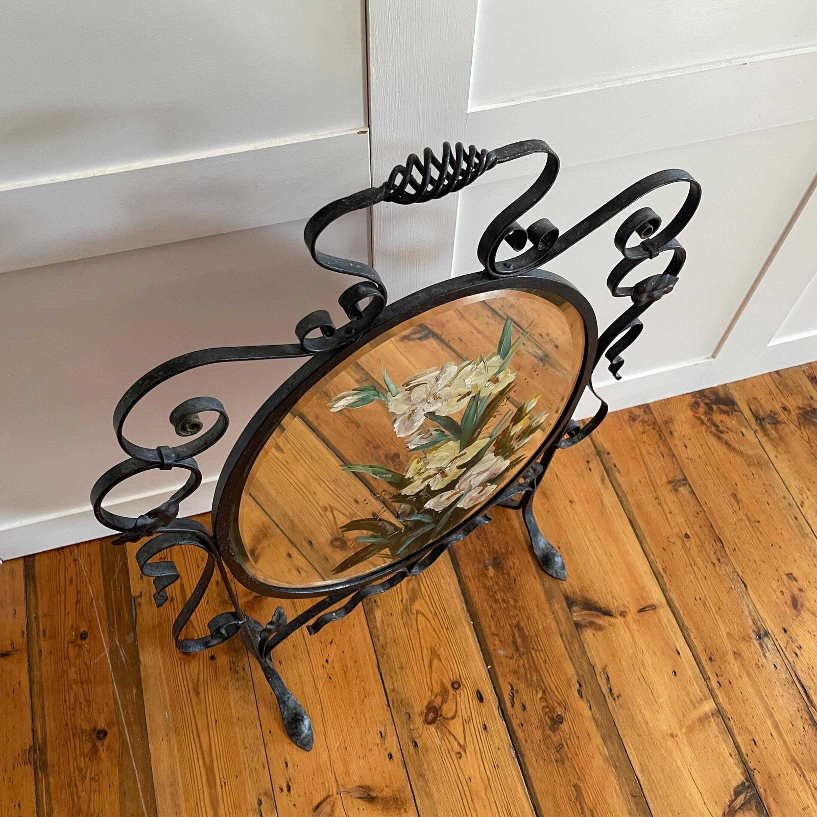 Antique Fireguard Fireplace Screen Metal Black Mirror Vintage Fire Guard Victorian Ornate Freestanding Floral Hand Painted Patterned photo 195.0