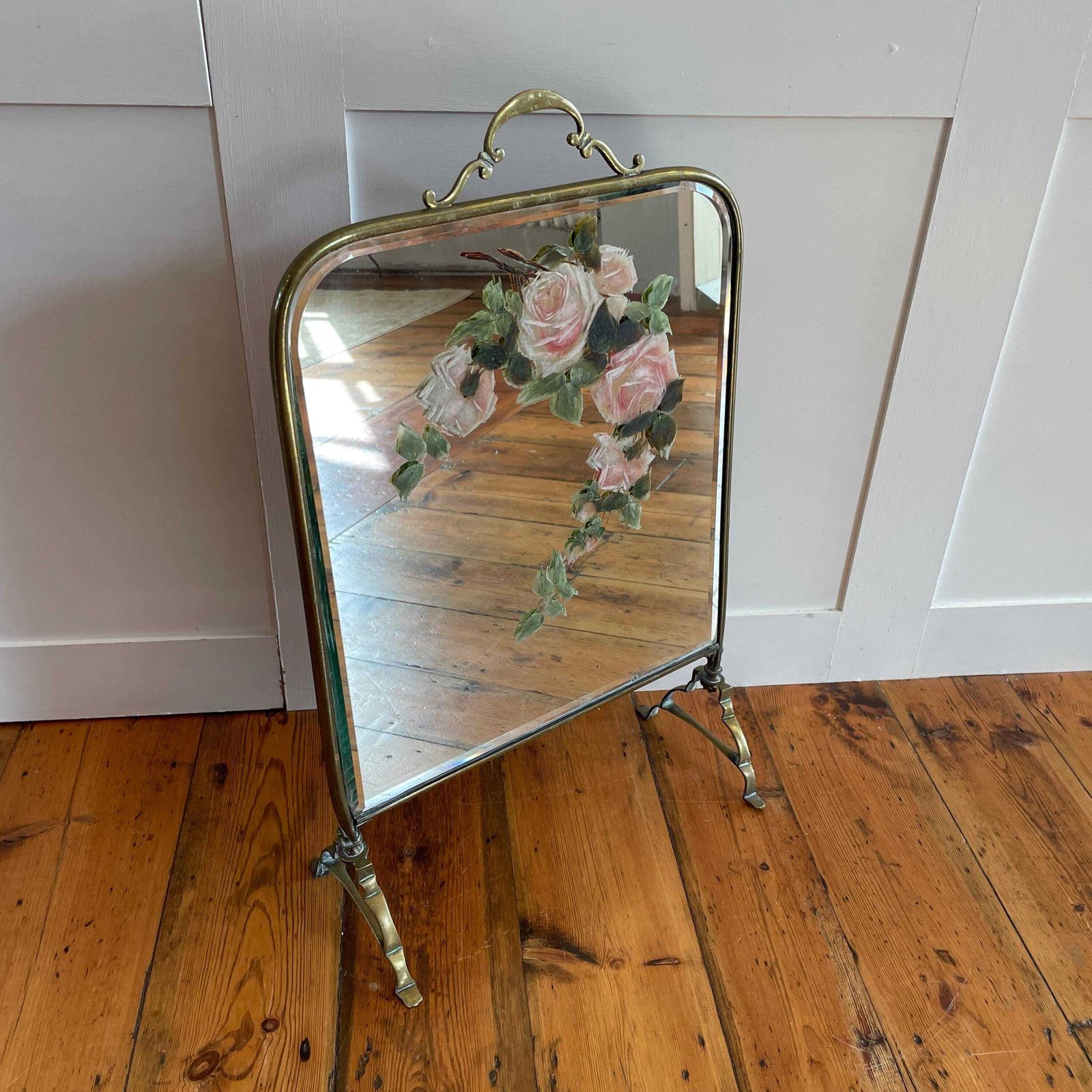 Antique Fireguard Fireplace Screen Metal Brass Gold Mirror Vintage Fire Guard Victorian Ornate Freestanding Floral Hand Painted Patterned