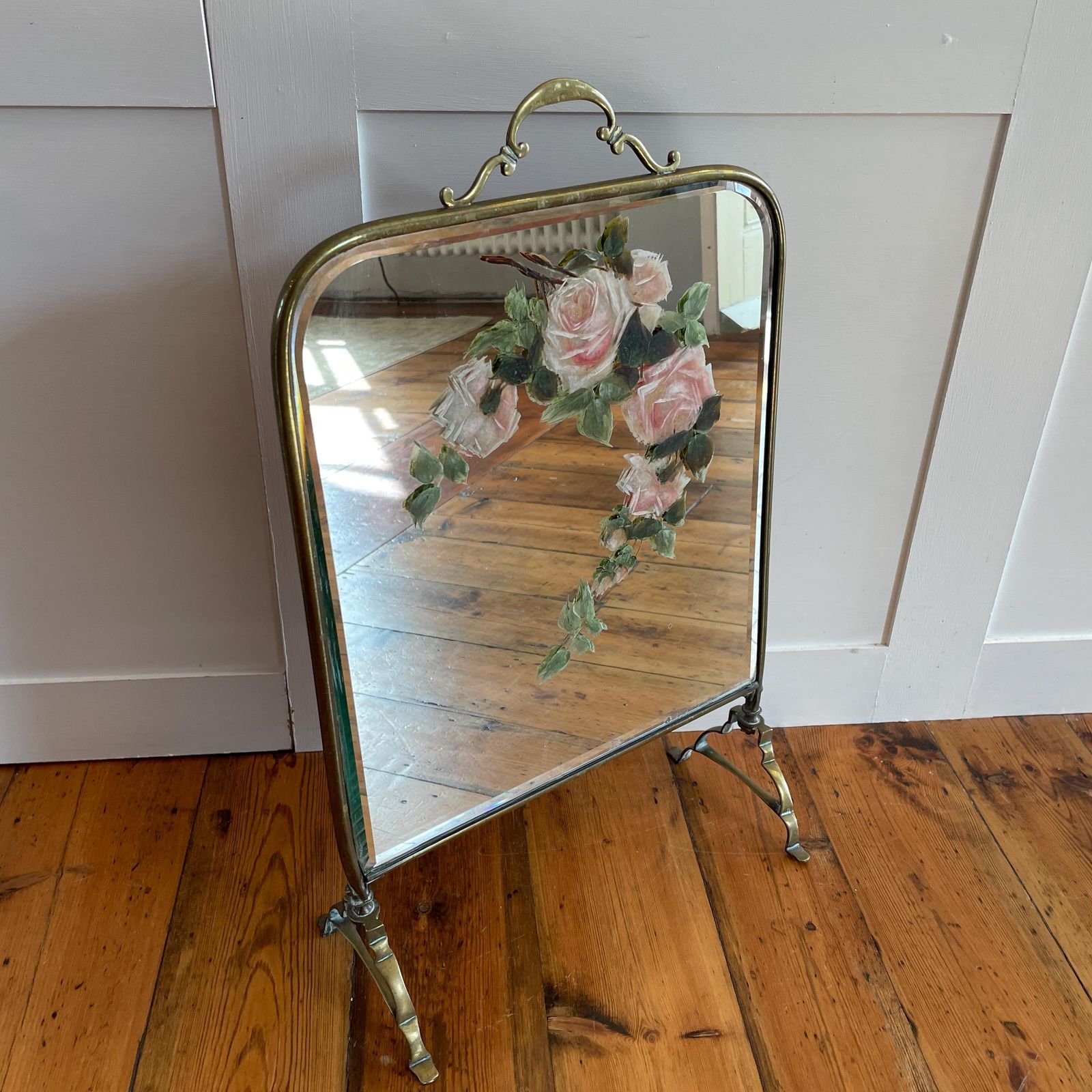 Antique Fireguard Fireplace Screen Metal Brass Gold Mirror Vintage Fire Guard Victorian Ornate Freestanding Floral Hand Painted Patterned photo for sale