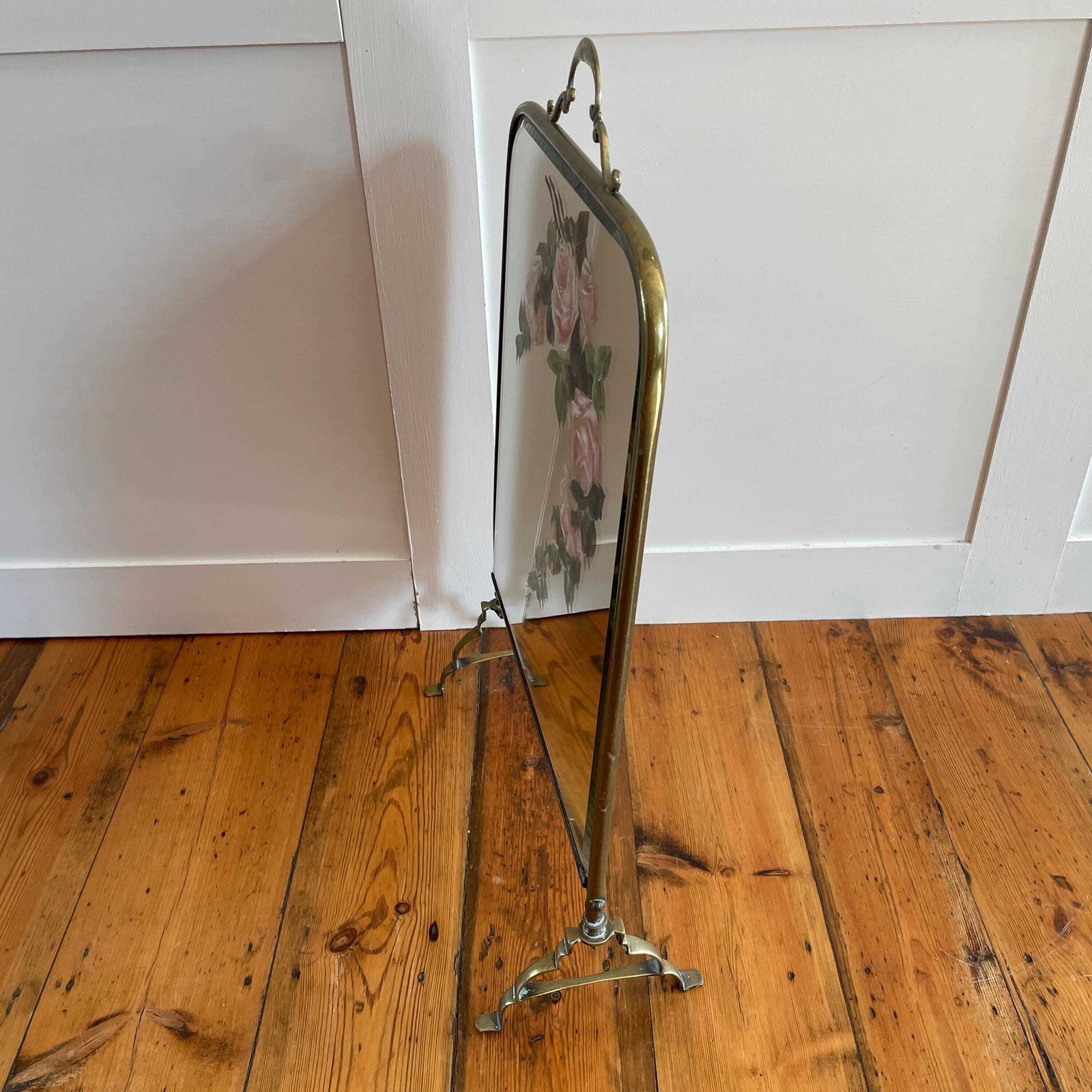 photo furniture Antique Fireguard Fireplace Screen Metal Brass Gold Mirror Vintage Fire Guard Victorian Ornate Freestanding Floral Hand Painted Patterned