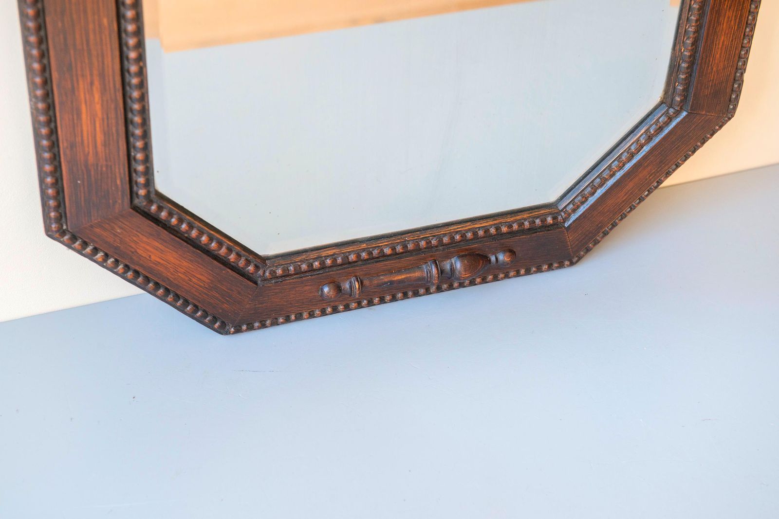 Art Deco Dutch Oak Wall Mirror   Large Octagonal Beveled Mirror   1920s Geometric Mantel Mirror photo buy