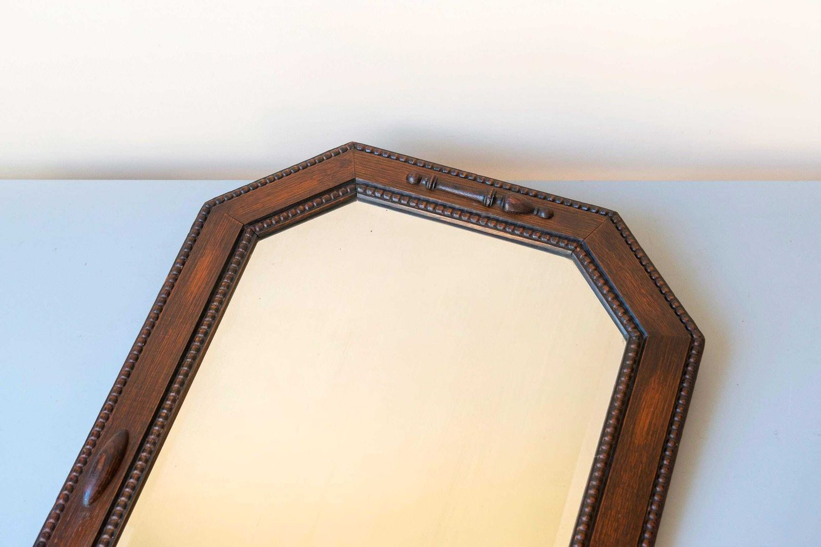 photo vinterior Art Deco Dutch Oak Wall Mirror   Large Octagonal Beveled Mirror   1920s Geometric Mantel Mirror
