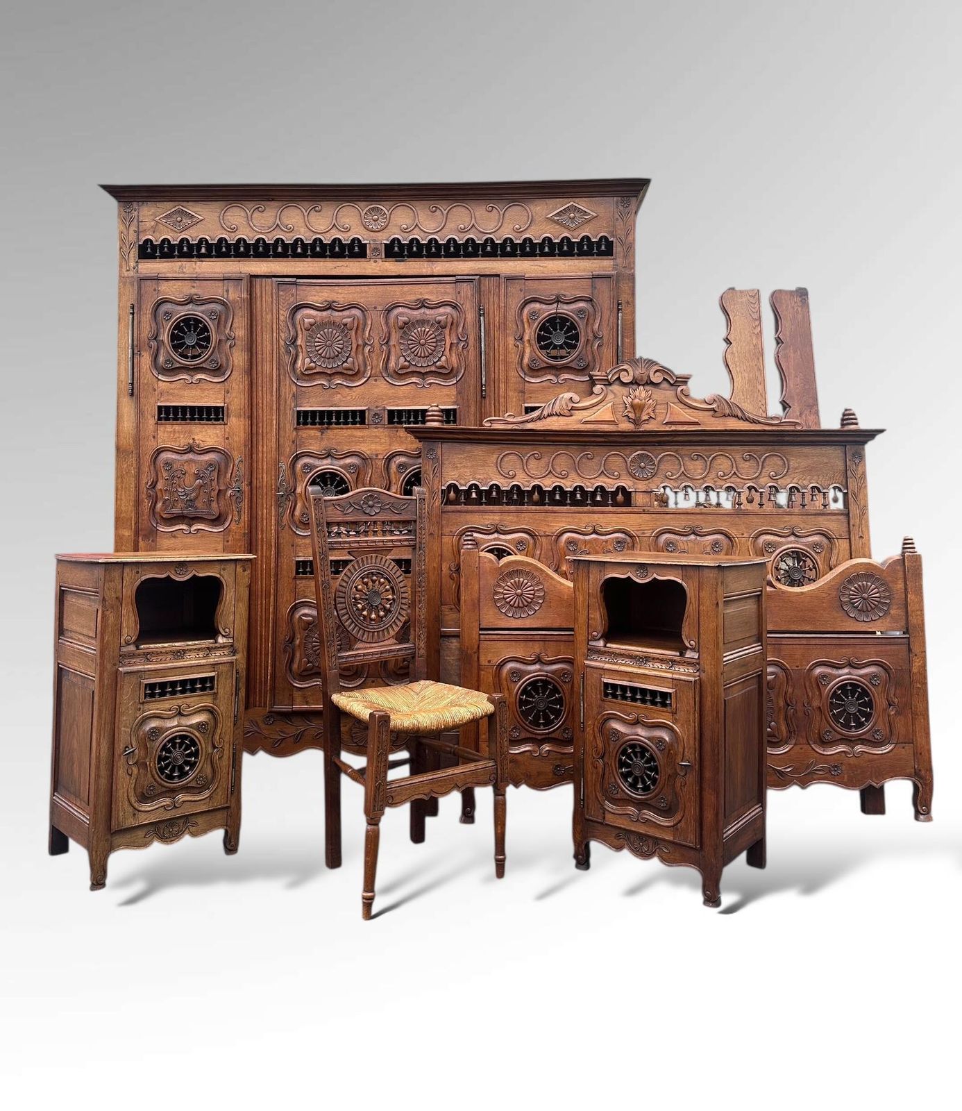 Antique French Breton Carved Oak Bedroom Suite
