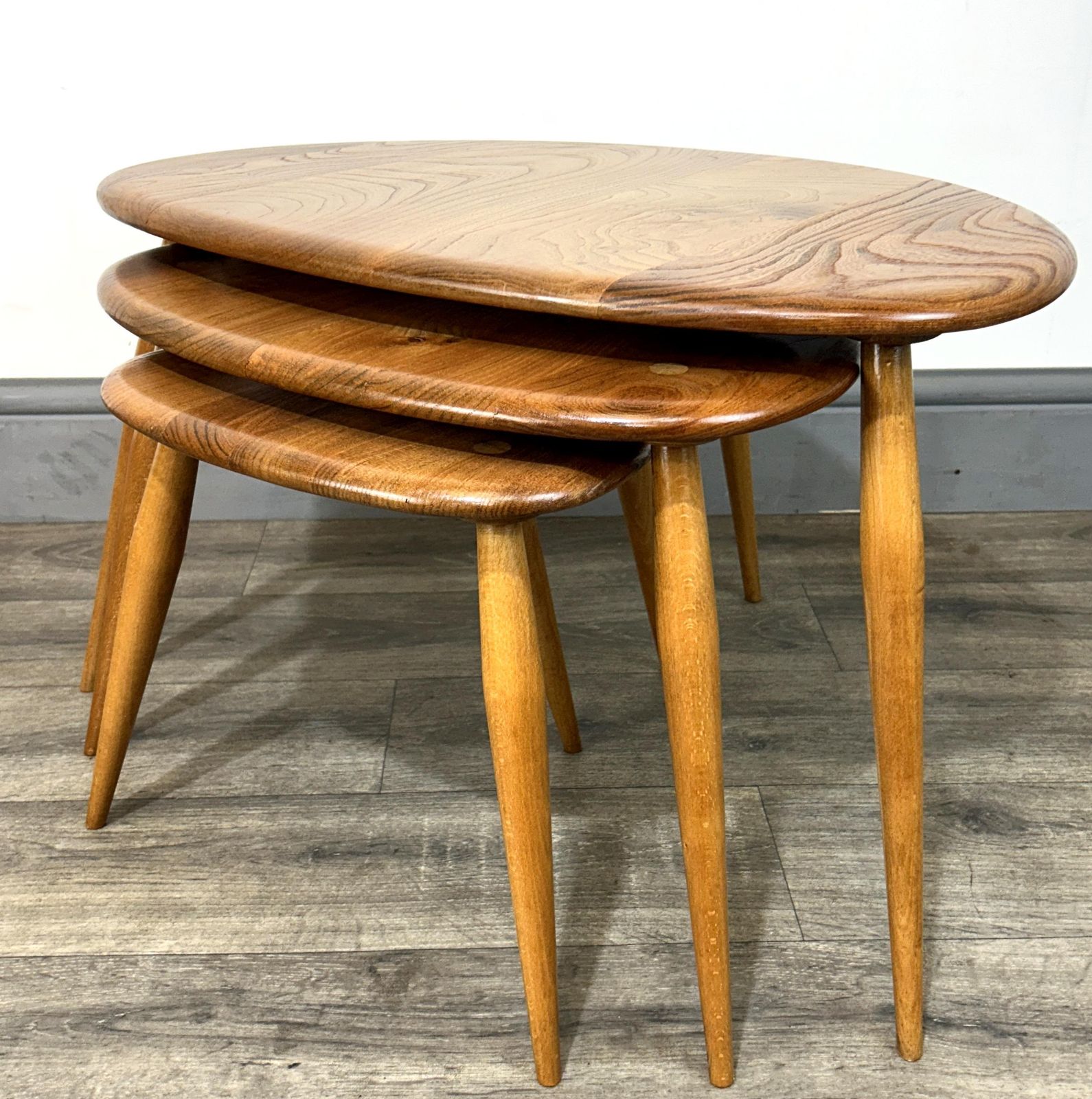 Furniture Mid Century 'Blondified' Solid Elm/Beech Nesting Pebble Tables Ercol photo
