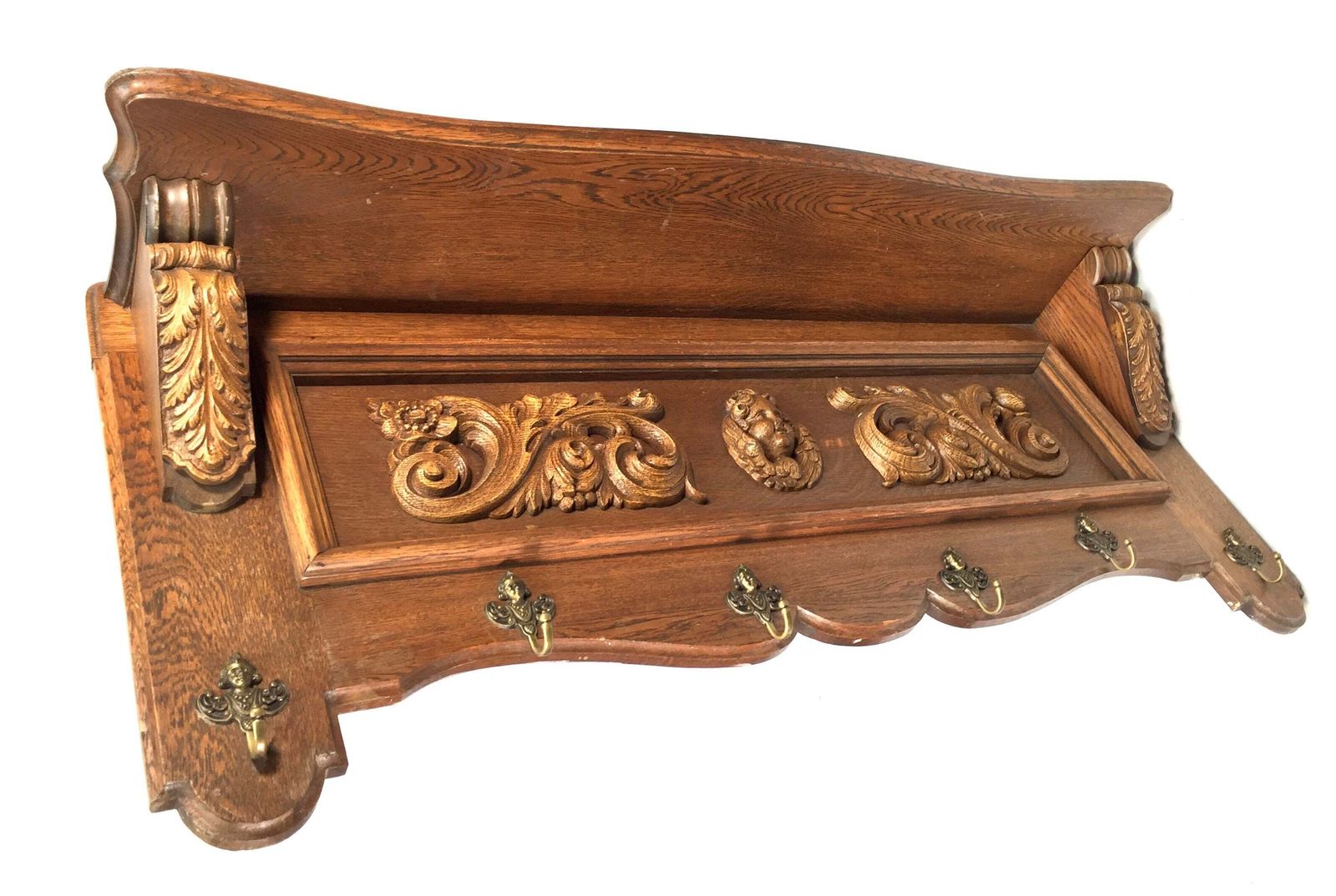 Antique Large Entrance Hall Wooden Oak Wall Mounted Coat Rack & Shelf C.1900 photo furniture
