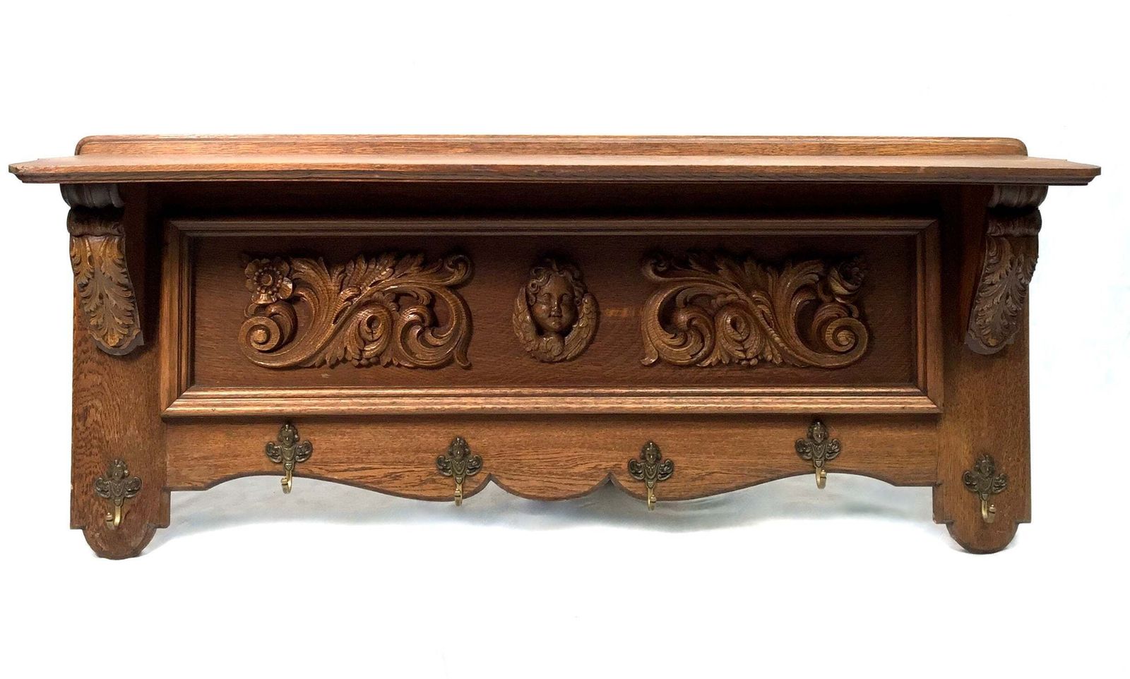 Antique Large Entrance Hall Wooden Oak Wall Mounted Coat Rack & Shelf C.1900 photo 269.0