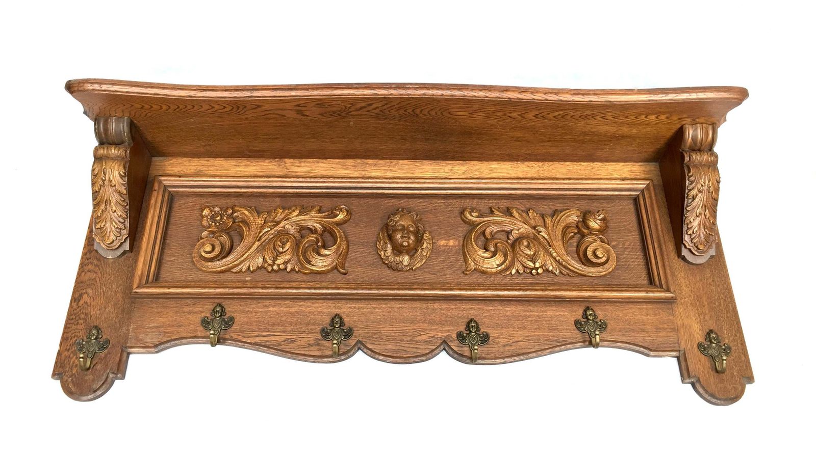 Furniture Antique Large Entrance Hall Wooden Oak Wall Mounted Coat Rack & Shelf C.1900 photo