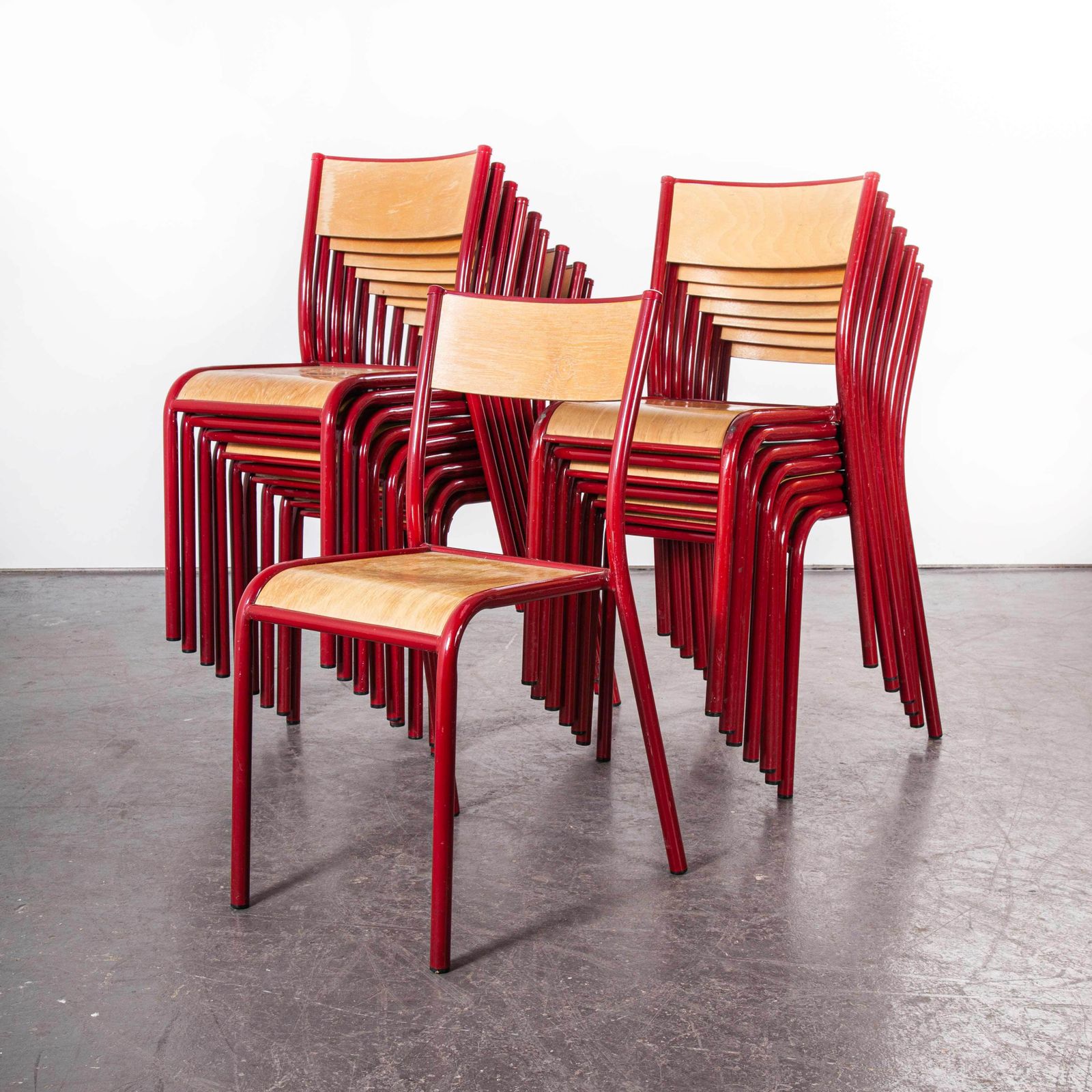 1970s Red Mullca Stacking Dining Chair – Beech Seat