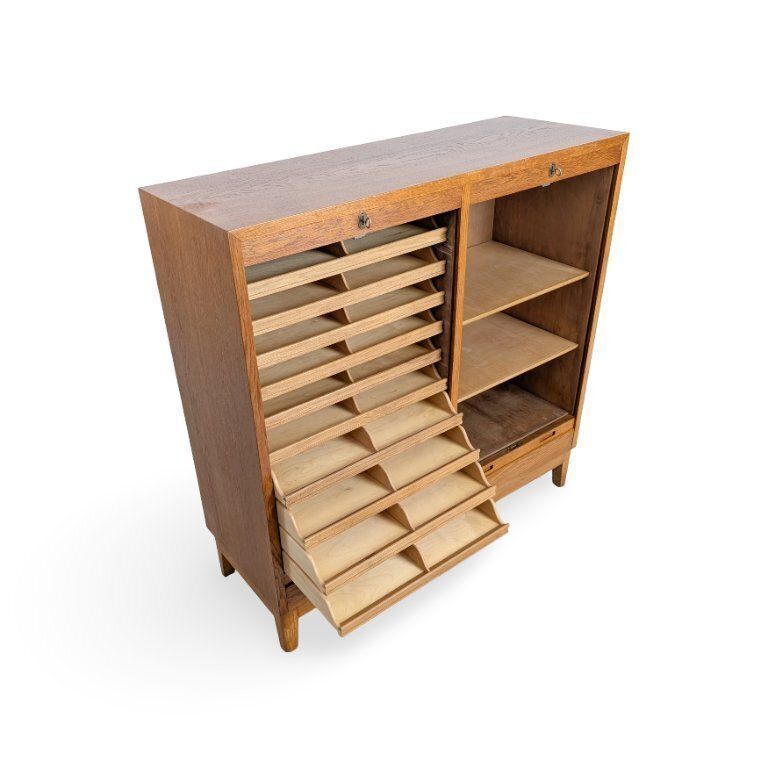 Meuble de bureau mid-century à volet roulant, commode, en chêne photo buy