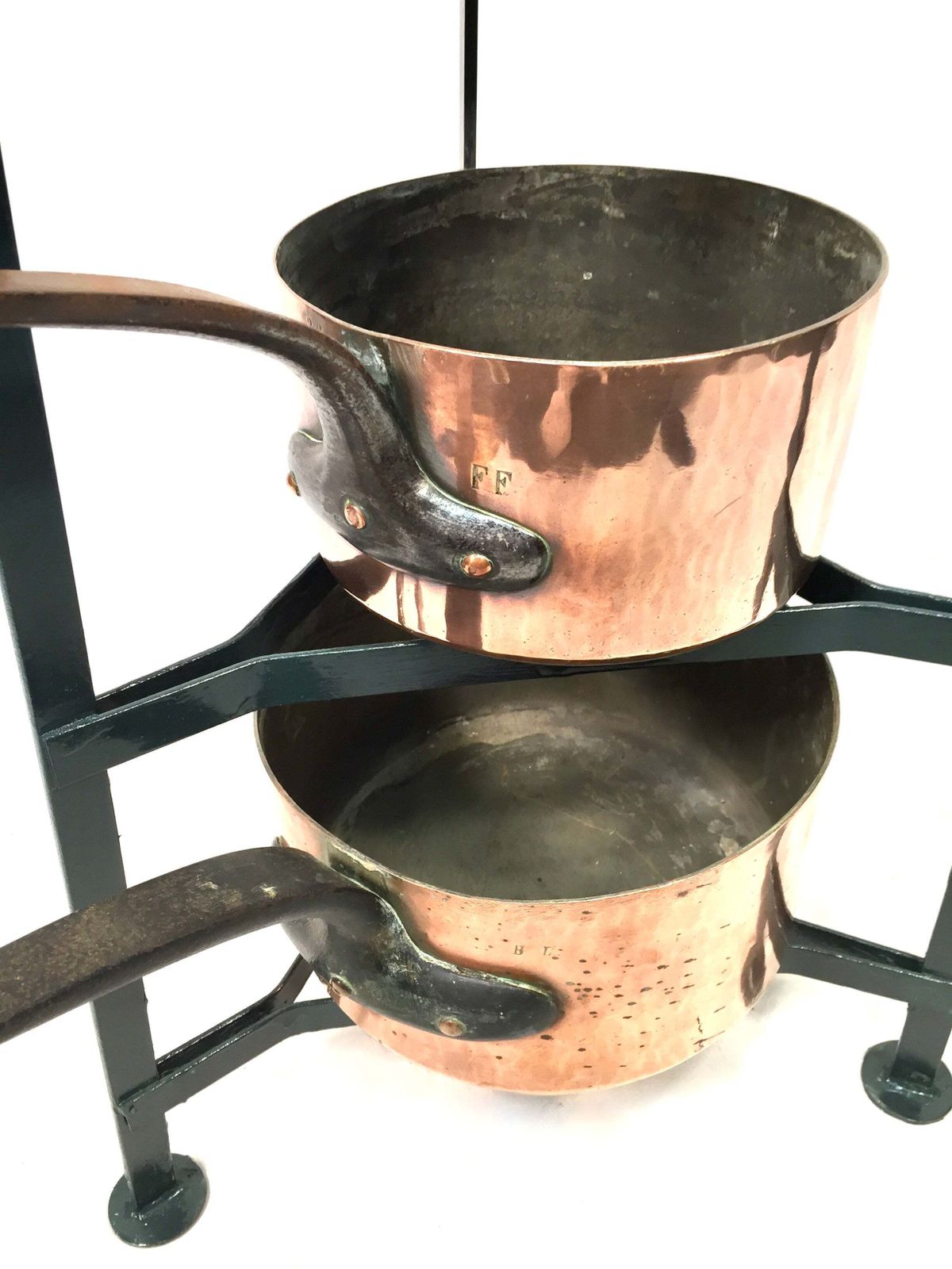 Antique Victorian Kitchen 7 Tier Wrought Iron Stand And Copper Pots / Saucepans photo buy