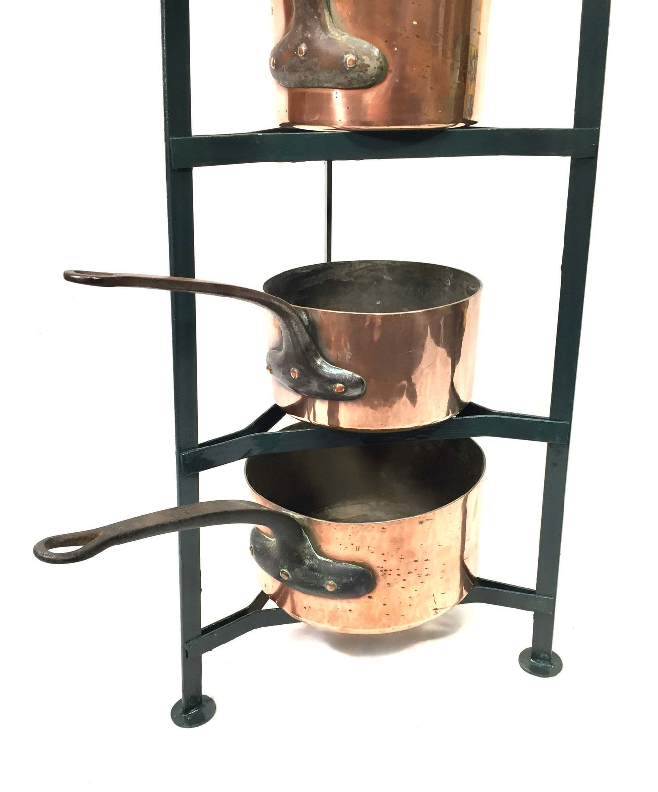 Antique Victorian Kitchen 7 Tier Wrought Iron Stand And Copper Pots / Saucepans photo vintage