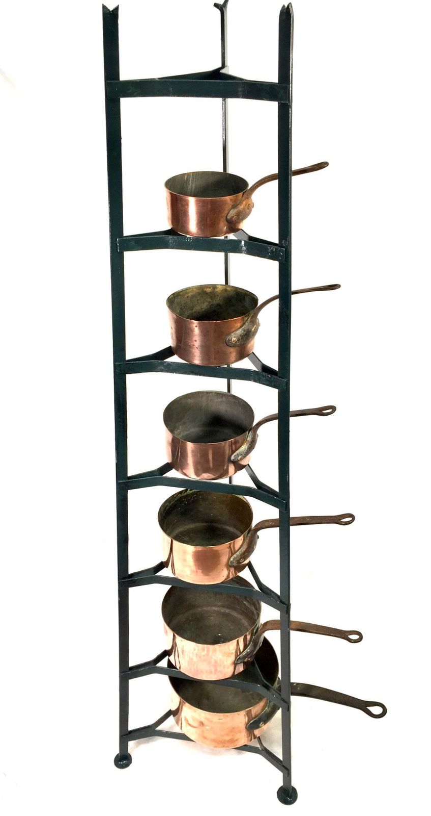 photo furniture Antique Victorian Kitchen 7 Tier Wrought Iron Stand And Copper Pots / Saucepans