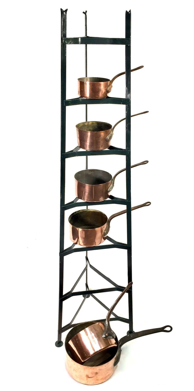 photo for sale Antique Victorian Kitchen 7 Tier Wrought Iron Stand And Copper Pots / Saucepans