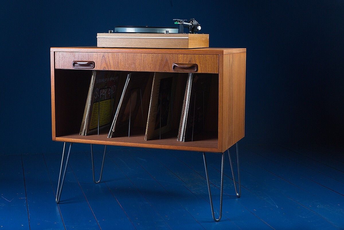 Mid Century Vintage Teak Record Cabinet Vinyl Lp  Storage On Hairpin Legs photo furniture