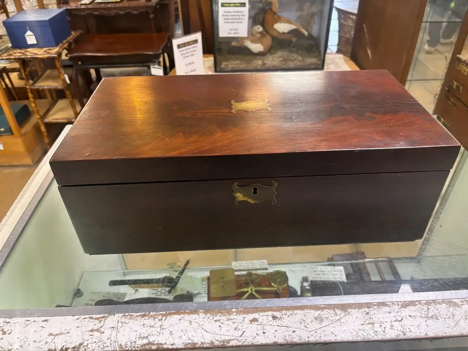 Antique Victorian Rosewood & Brass Writing Slope With Green Felt Interior