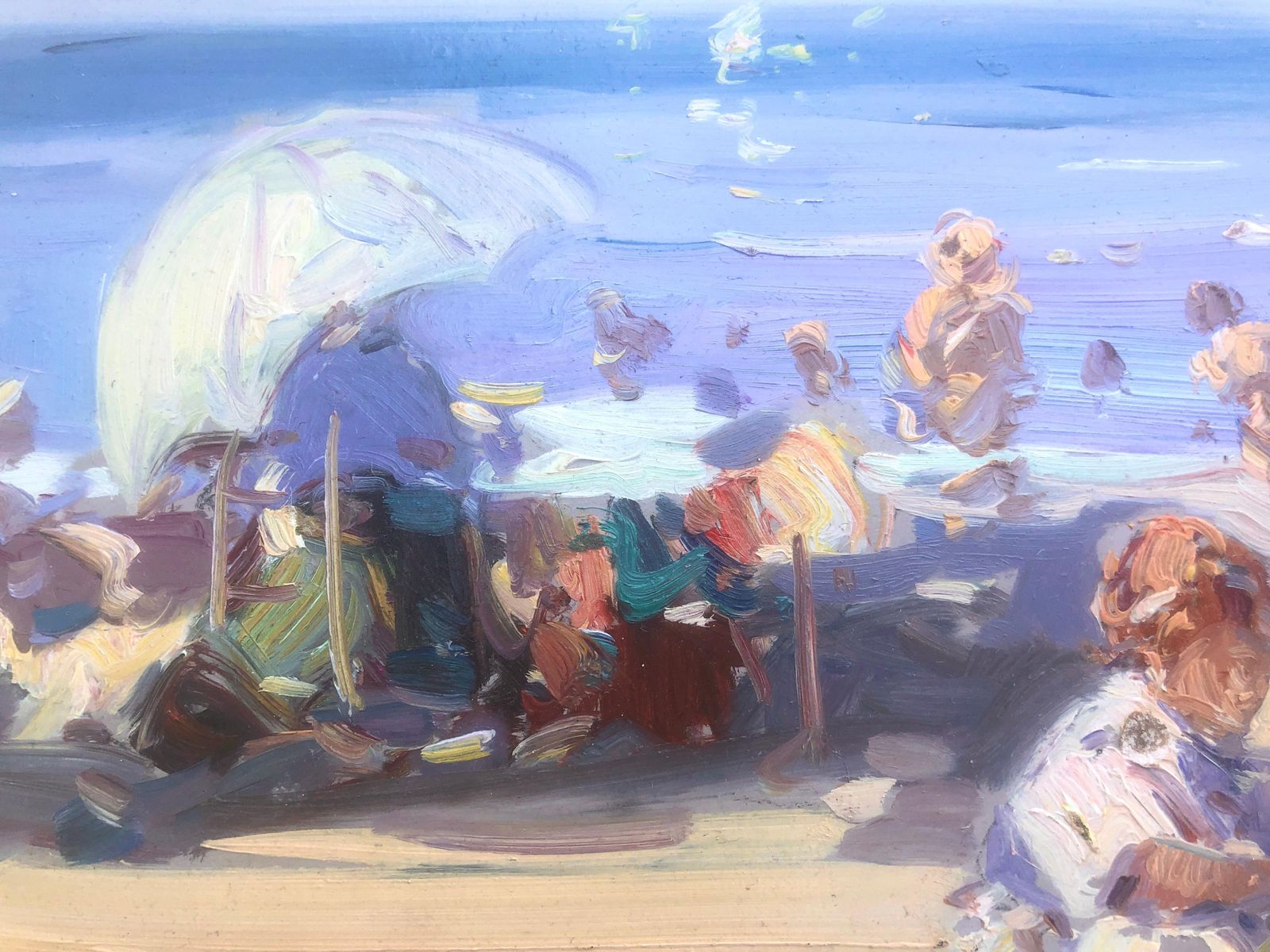 Gabriel Casarrubios Mediterranean Beach Scene With Children And Parasols Impressionist Oil Painting C.2000 photo 500.0