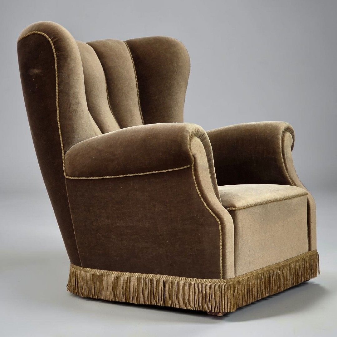 Jaren 1960, Deense relax fauteuil, donkergroen meubelvelours, essenhout.