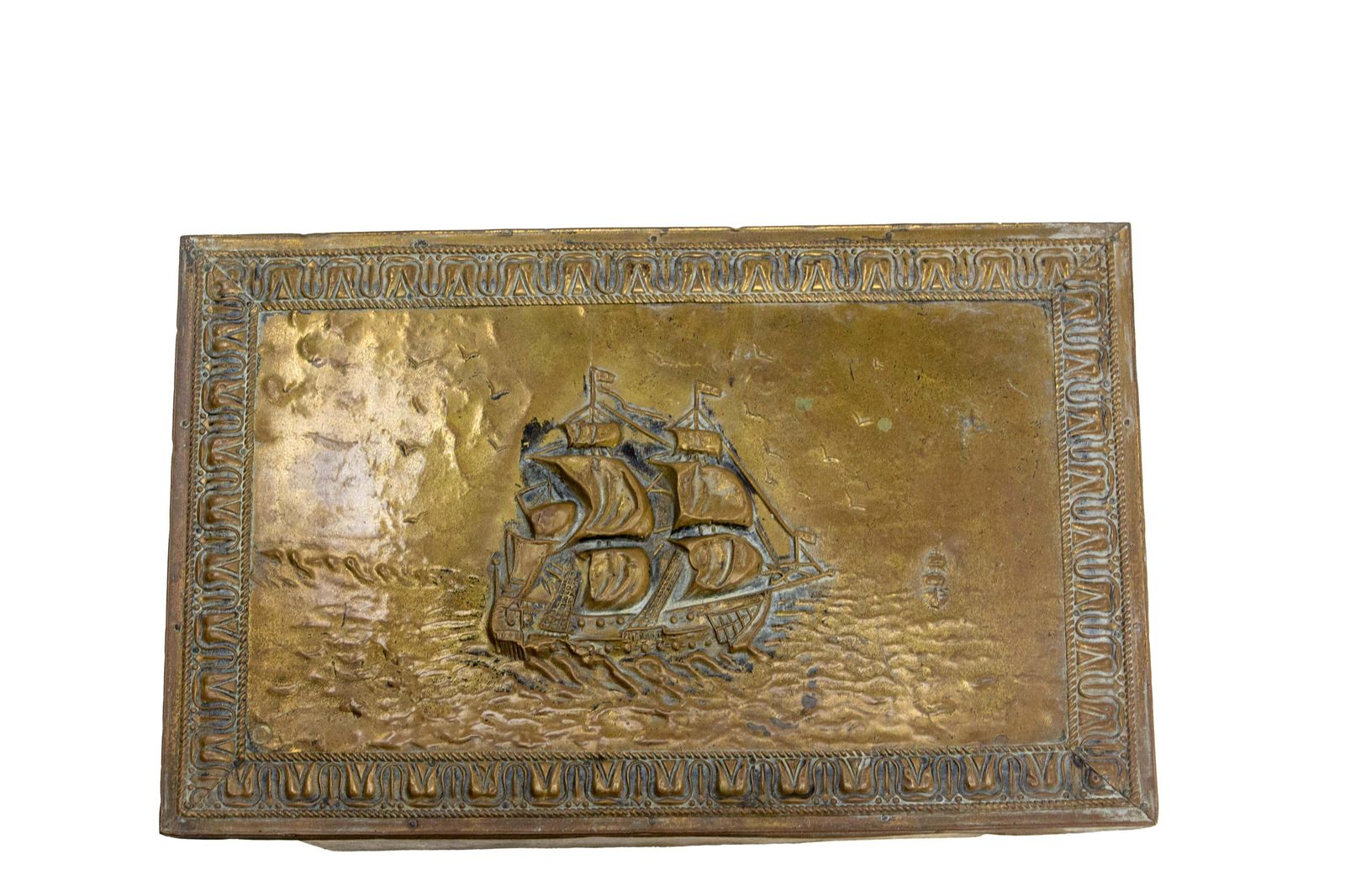 Little Sailing Ship Coffer Pine & Embossed Copper 20th Mid C photo for sale