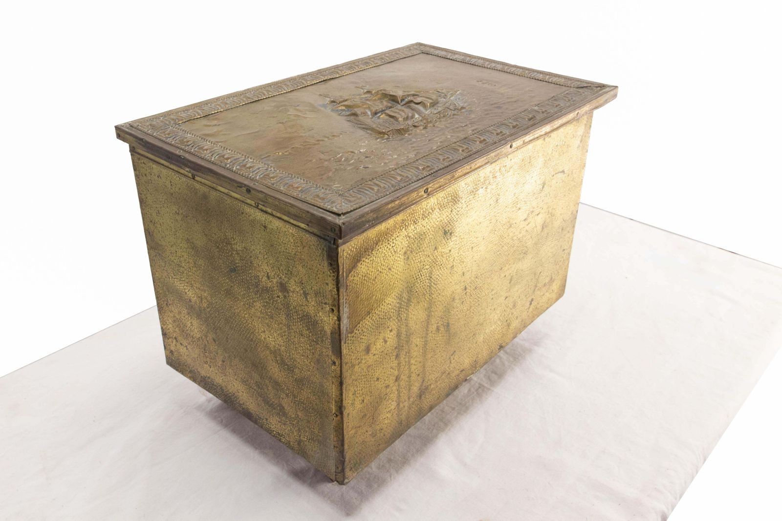 Little Sailing Ship Coffer Pine & Embossed Copper 20th Mid C photo 555.0