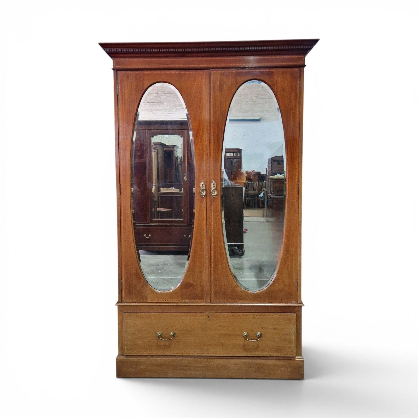 Antique Edwardian Inlaid Mahogany Double Wardrobe Oval Mirror Doors Cws photo for sale