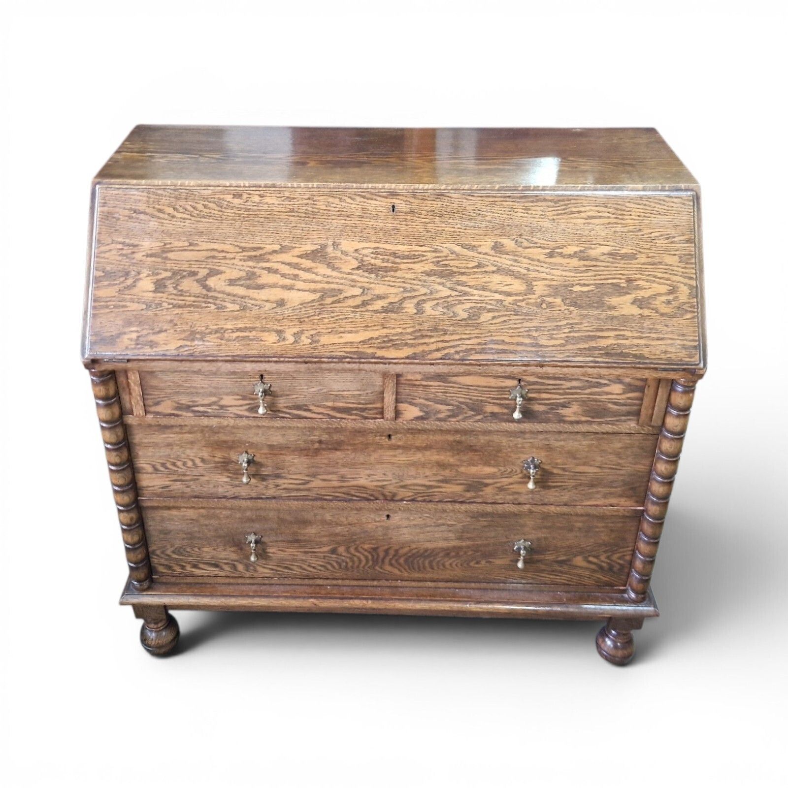 Antique Oak Bureau Writing Desk Fall Front Cabinet Drawers Old English Style photo for sale