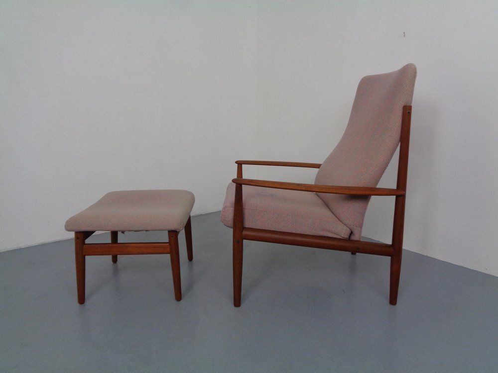 Set Of Teak High Back Chair And Ottoman By Grete Jalk For France & Son, Denmark, 1960s photo Furniture