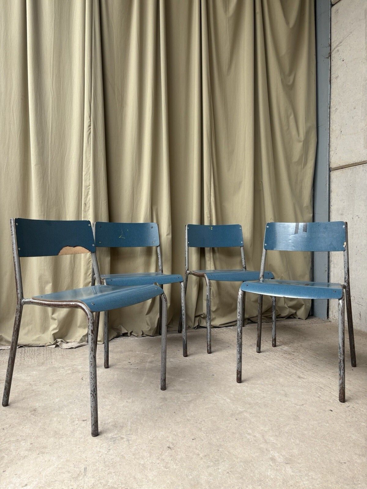 Furniture Vtg Mid Century Industrial Metal Set Of 4 Stacking Dining Chairs Retro R1202 photo