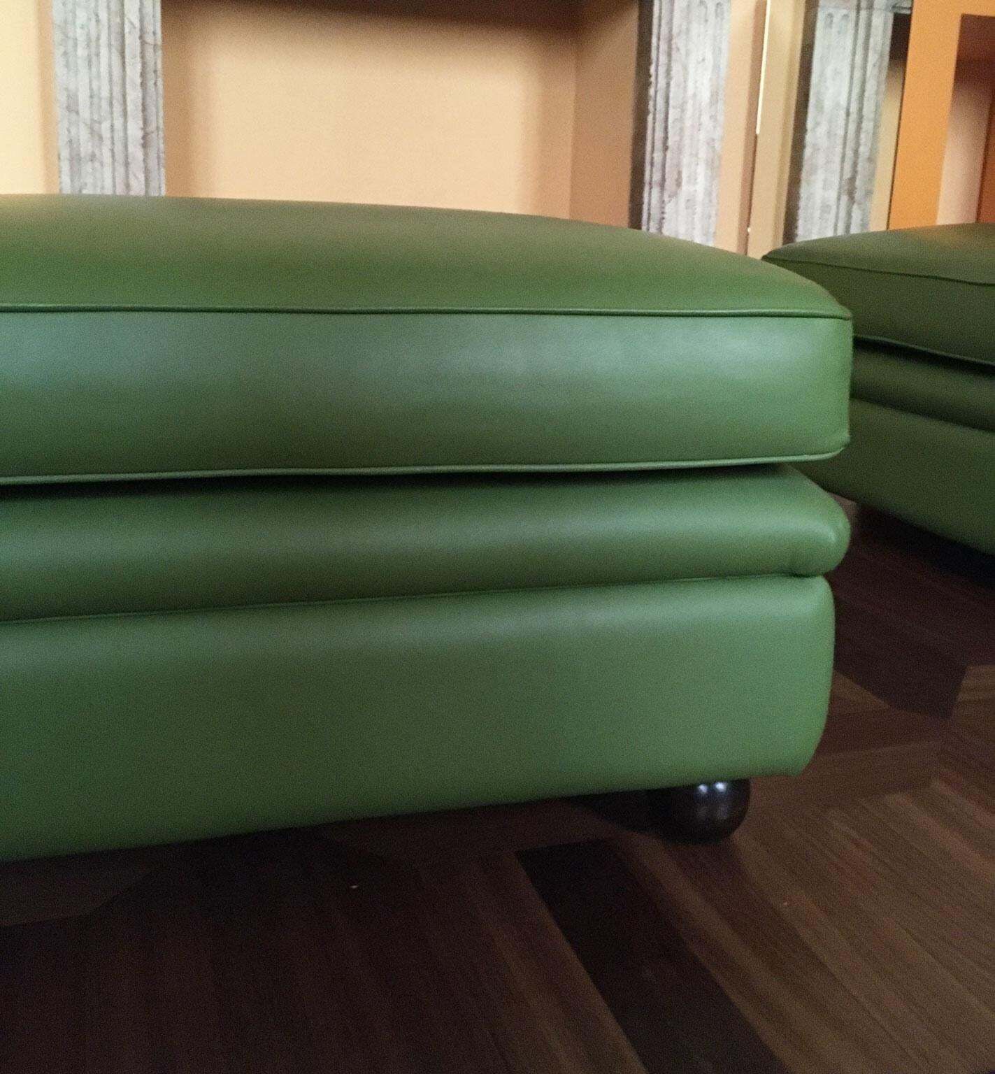 Italy Post Modern Green Leather Squared Pouf With Black Spherical Lacquered Feet photo vinterior