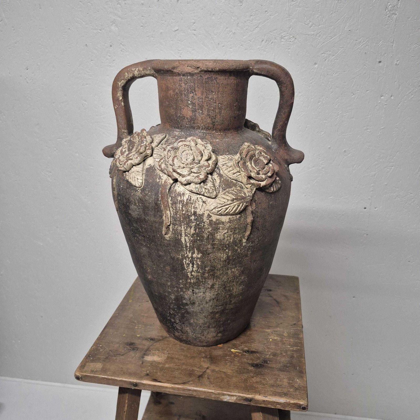 Weathered Terracotta Twin Handled Amphora Urn   Olive Jar Planter photo 148.0