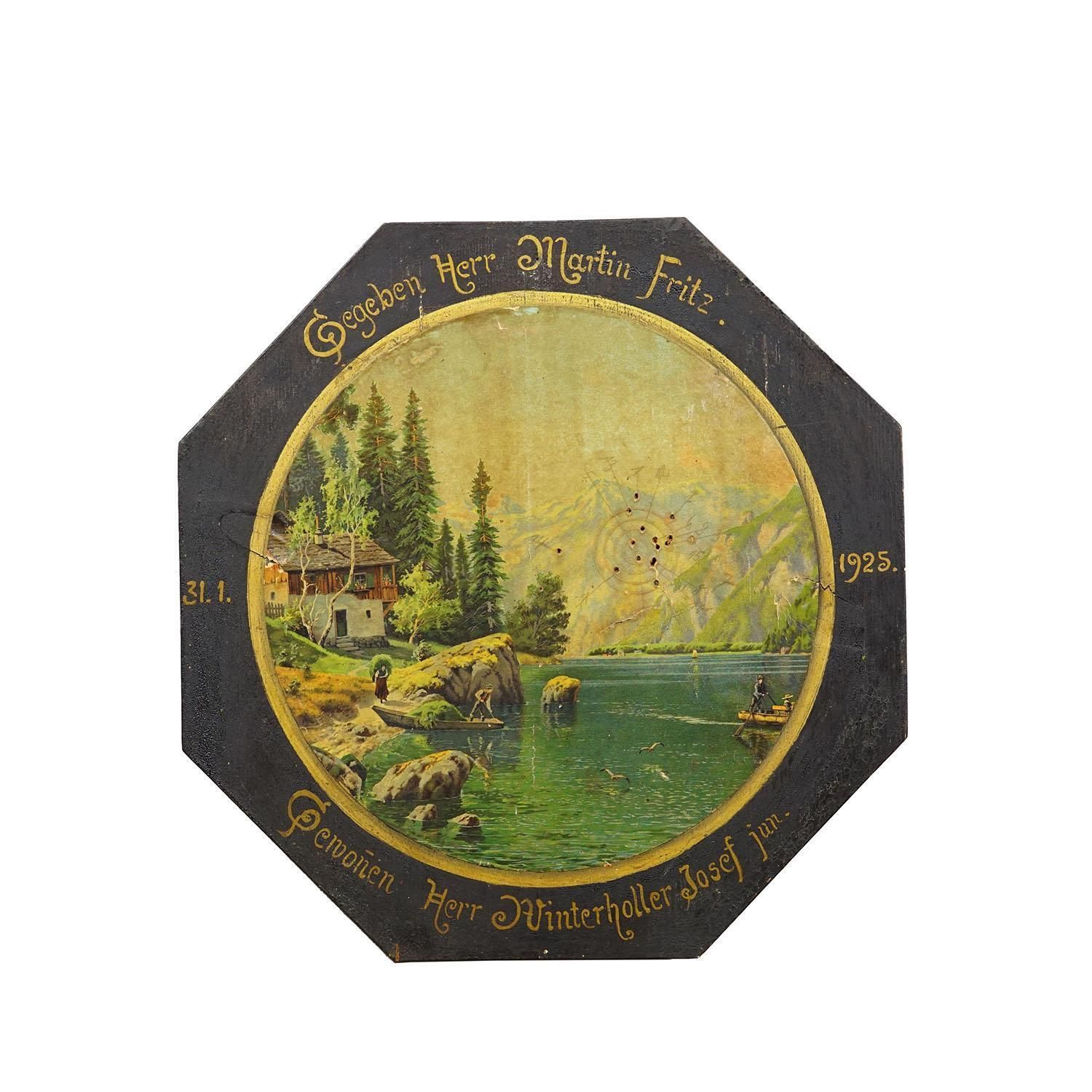 Antiek ereschietschijf Landschap met meer en bergen, Duitsland 1925 photo furniture